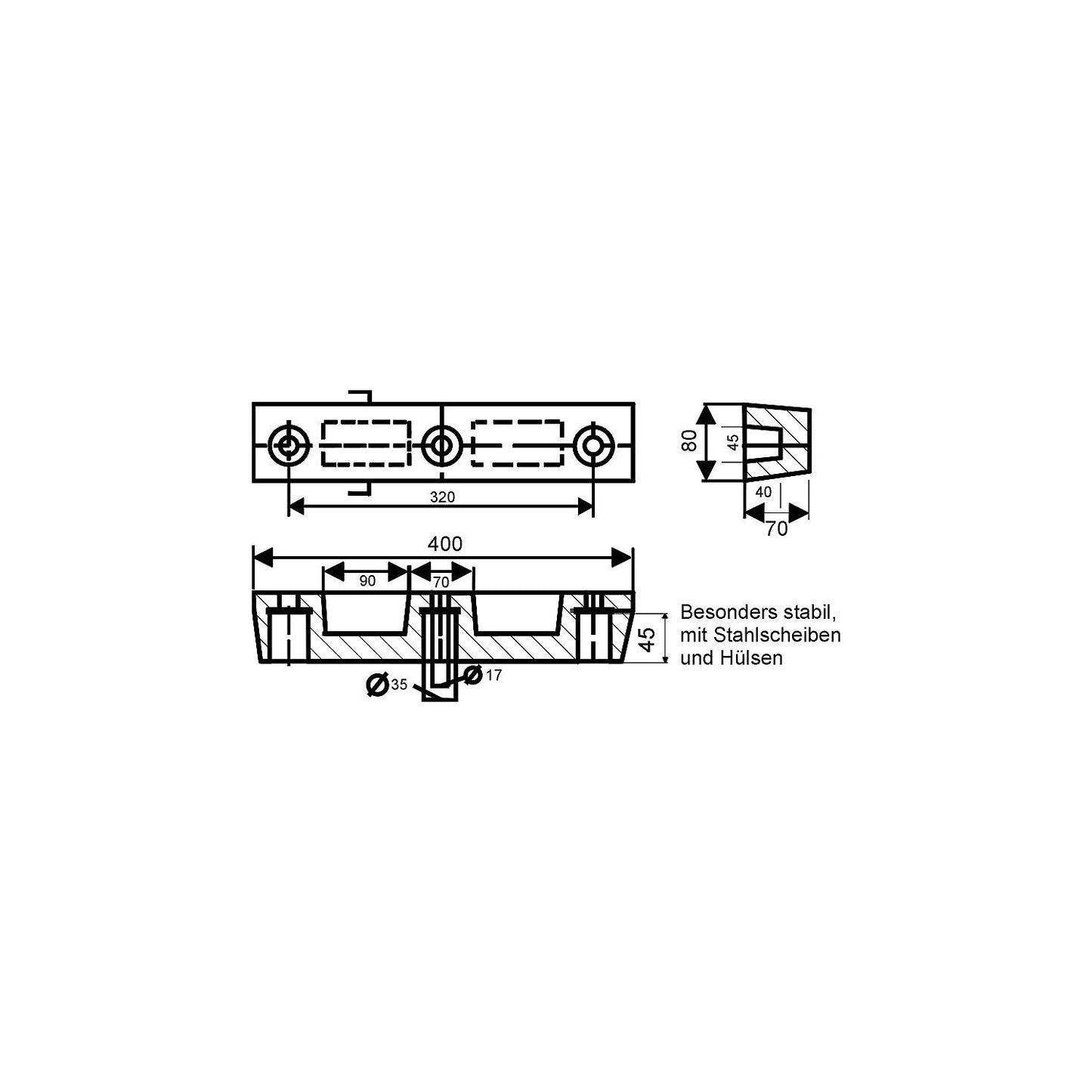 Buffer bumper, rubber, black, LxWxH 400 x 80 x 70 mm.
