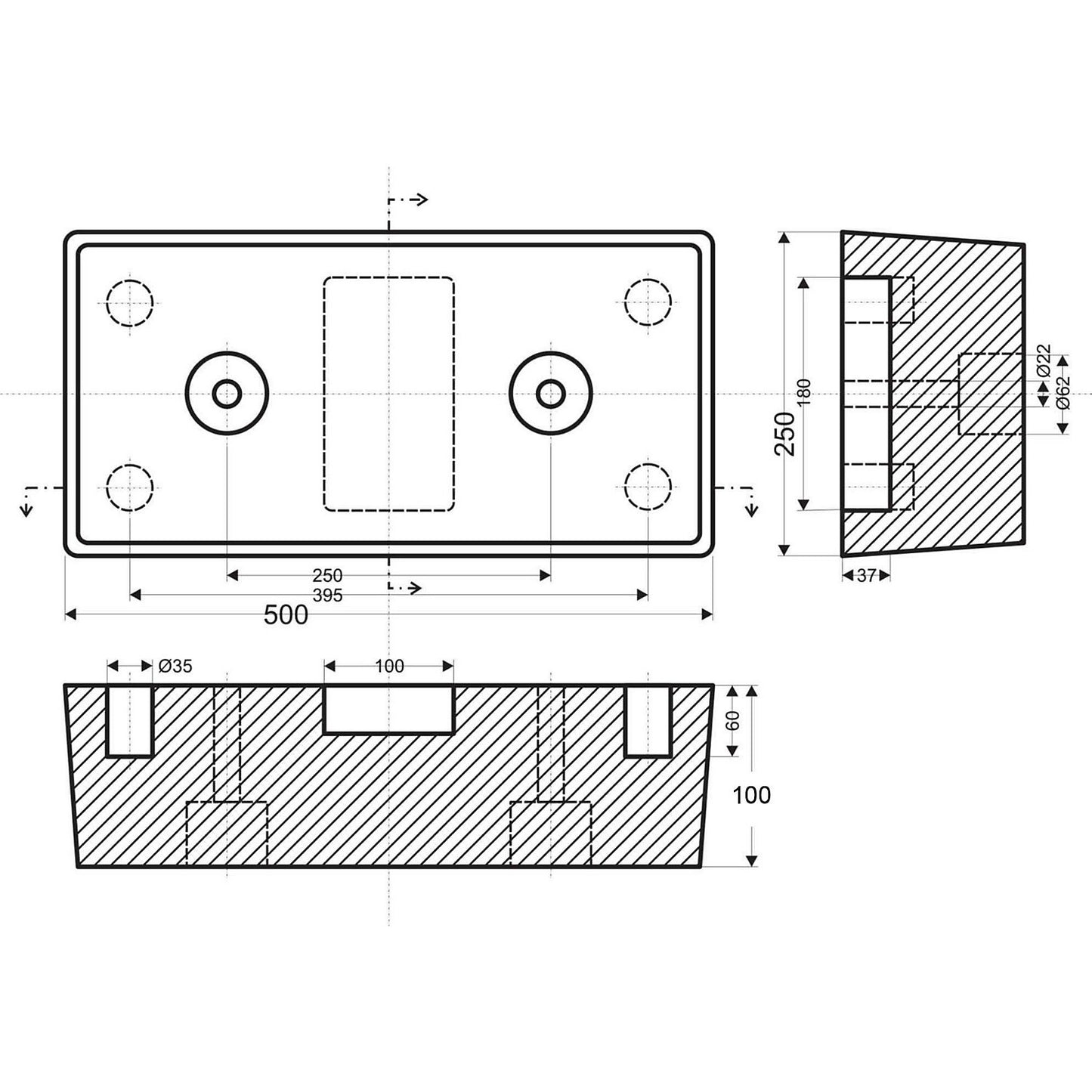 Buffer bumper, rubber, black, LxWxH 500 x 250 x 100 mm.