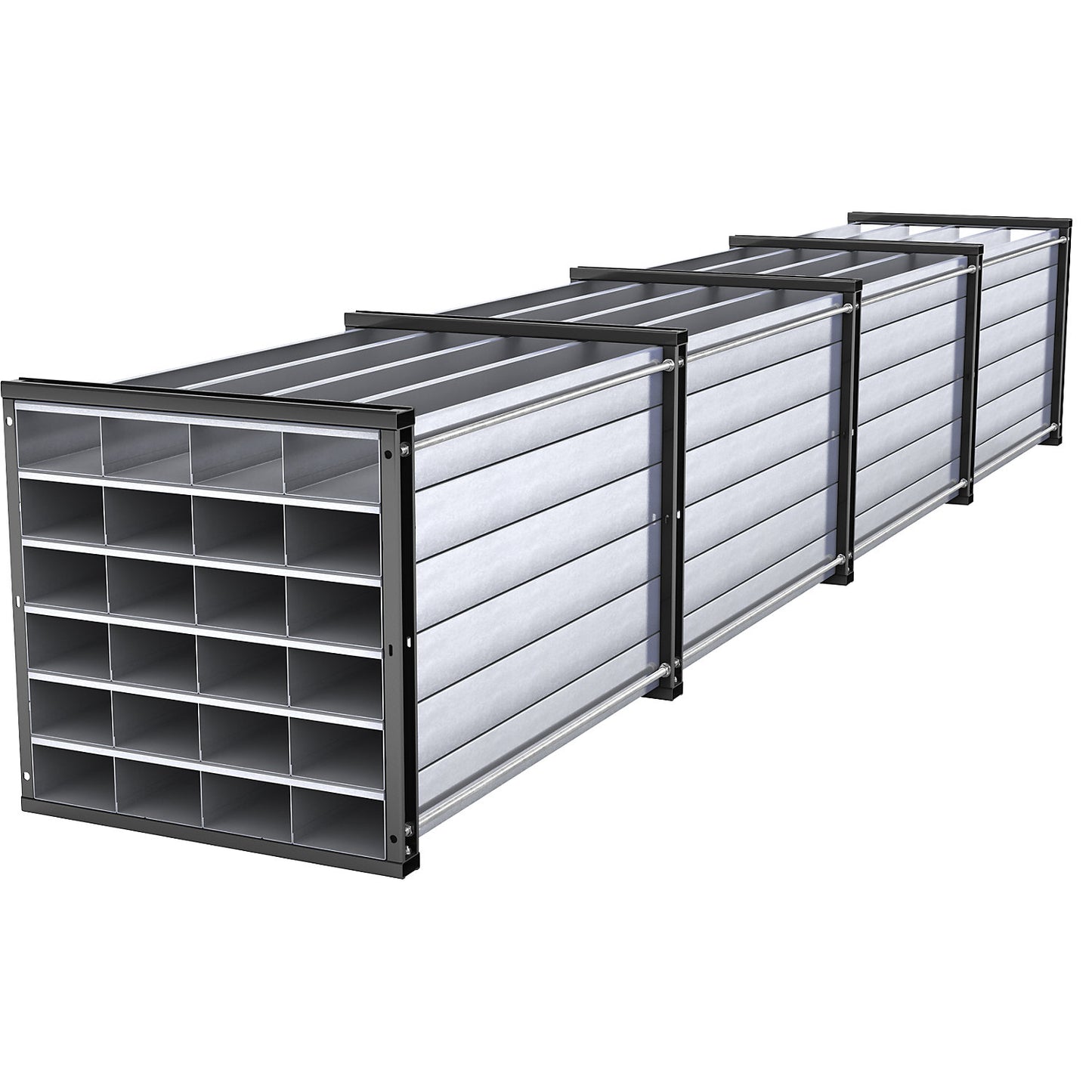 Honeycomb shelving unit, HxWxD 1000 x 1000 x 6000 mm, 24 trays, 4 x 6 compartments.
