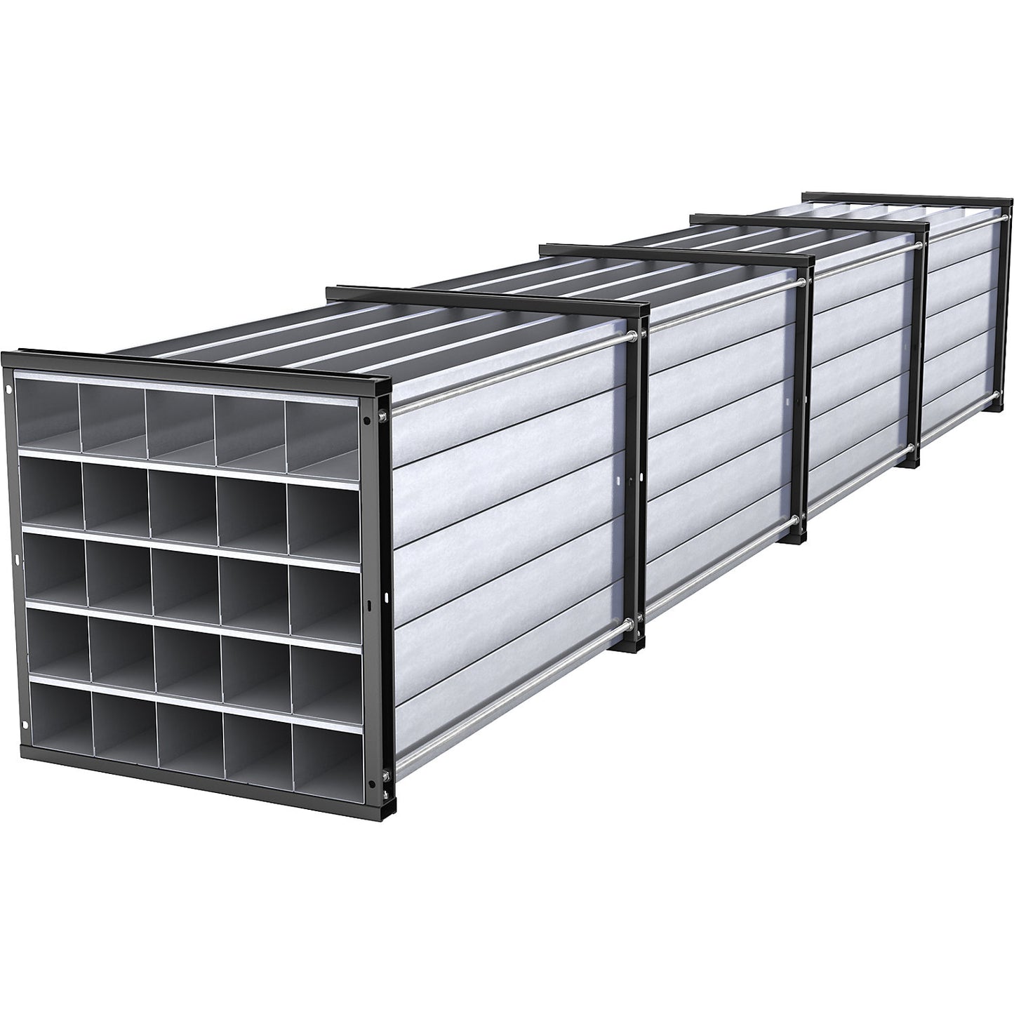 Honeycomb shelving unit, HxWxD 1000 x 1000 x 6000 mm, 25 trays, 5 x 5 compartments.