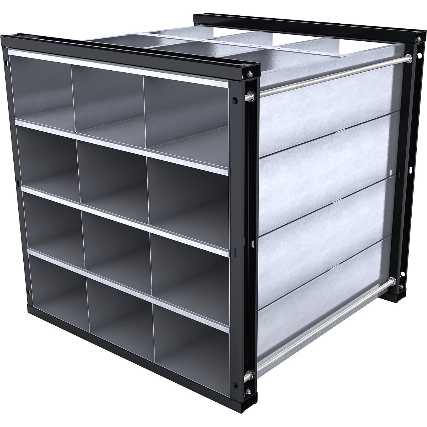 Honeycomb shelving unit, HxWxD 1000 x 1000 x 1000 mm, 12 trays, 3 x 4 compartments.