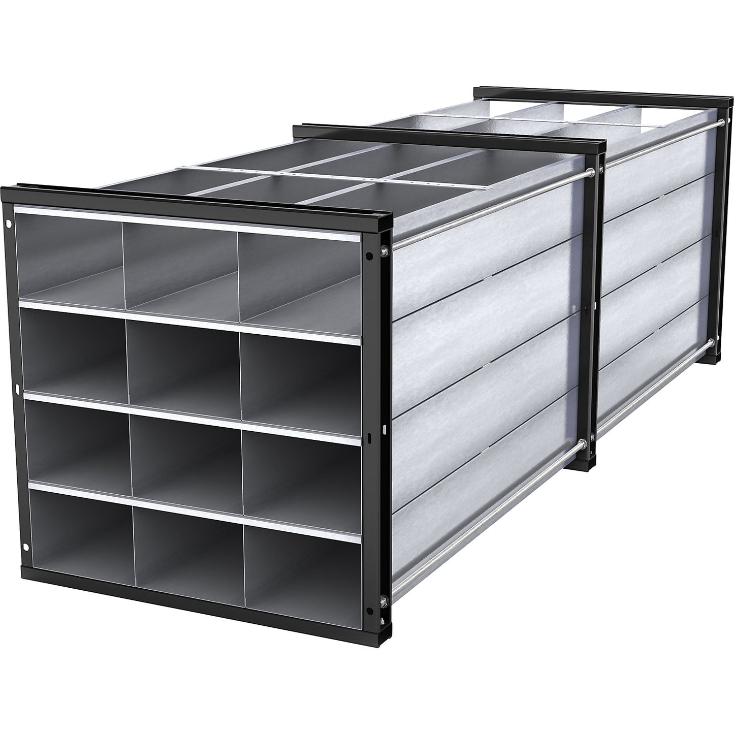Honeycomb shelving unit, HxWxD 1000 x 1000 x 3000 mm, 12 trays, 3 x 4 compartments.