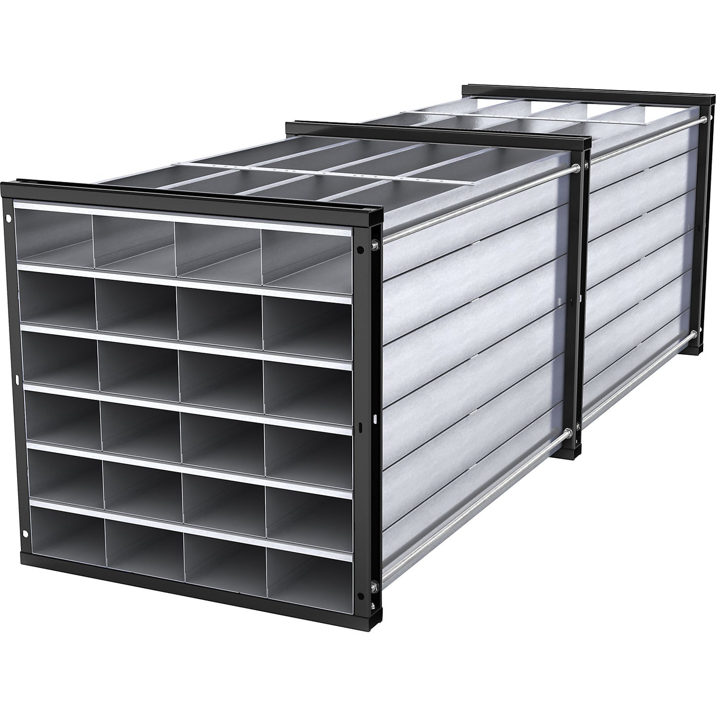 Honeycomb shelving unit, HxWxD 1000 x 1000 x 3000 mm, 24 trays, 4 x 6 compartments.