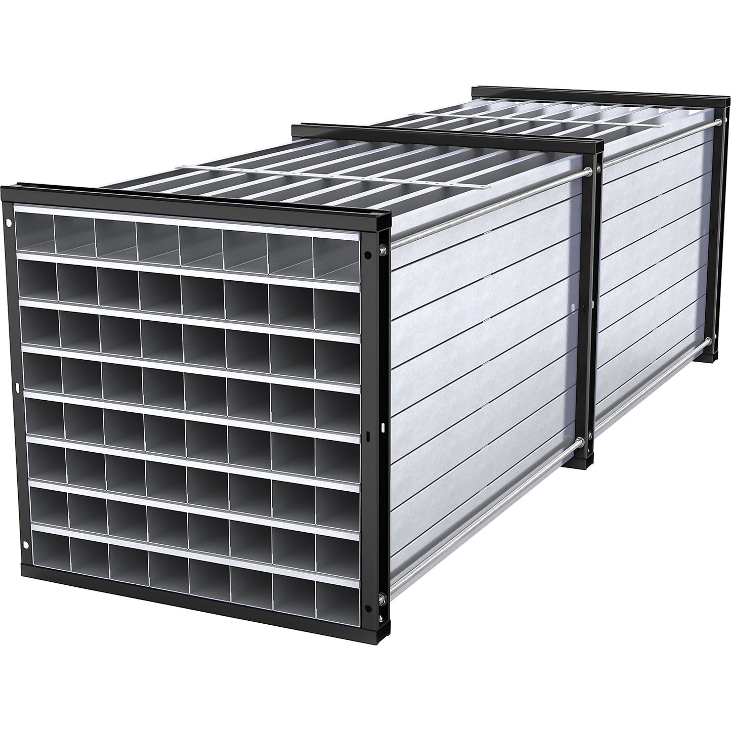 Honeycomb shelving unit, HxWxD 1000 x 1000 x 3000 mm, 64 trays, 8 x 8 compartments.