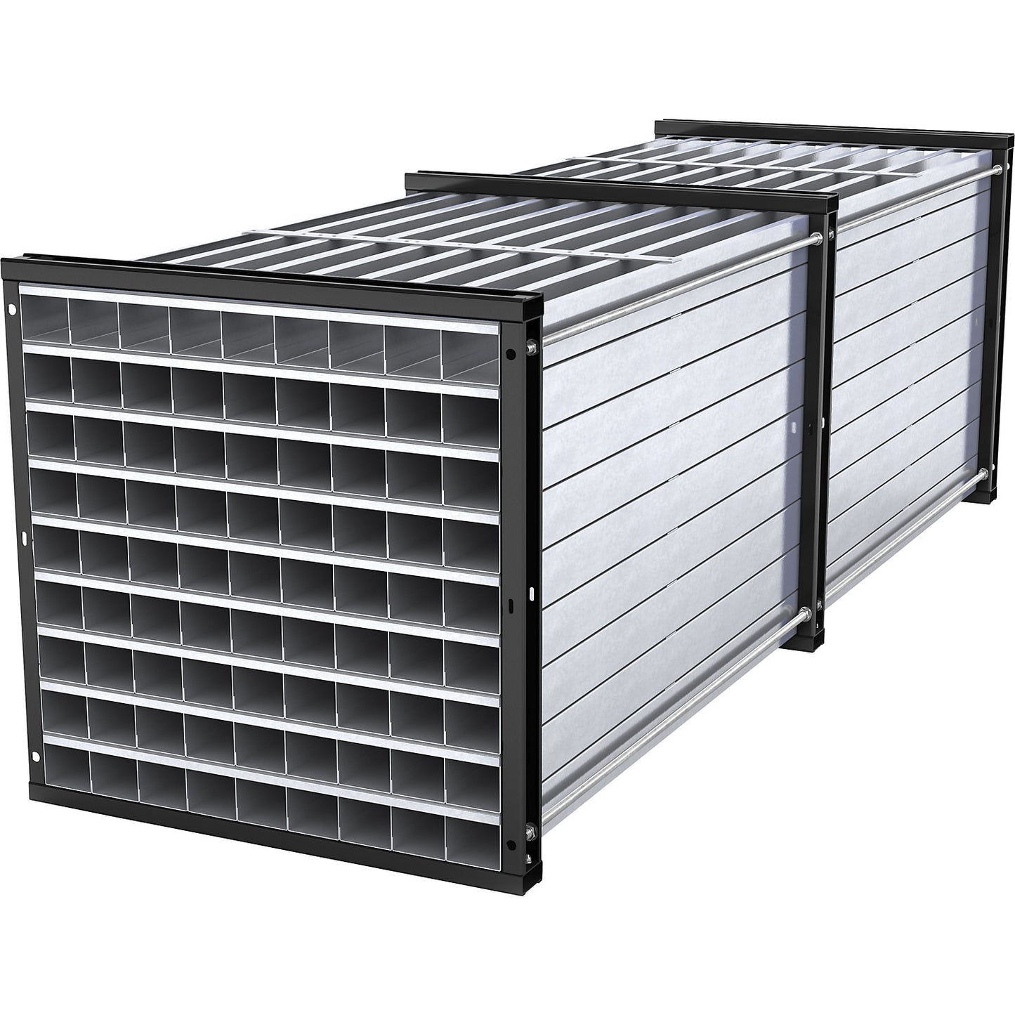 Honeycomb shelving unit, HxWxD 1000 x 1000 x 3000 mm, 81 trays, 9 x 9 compartments.