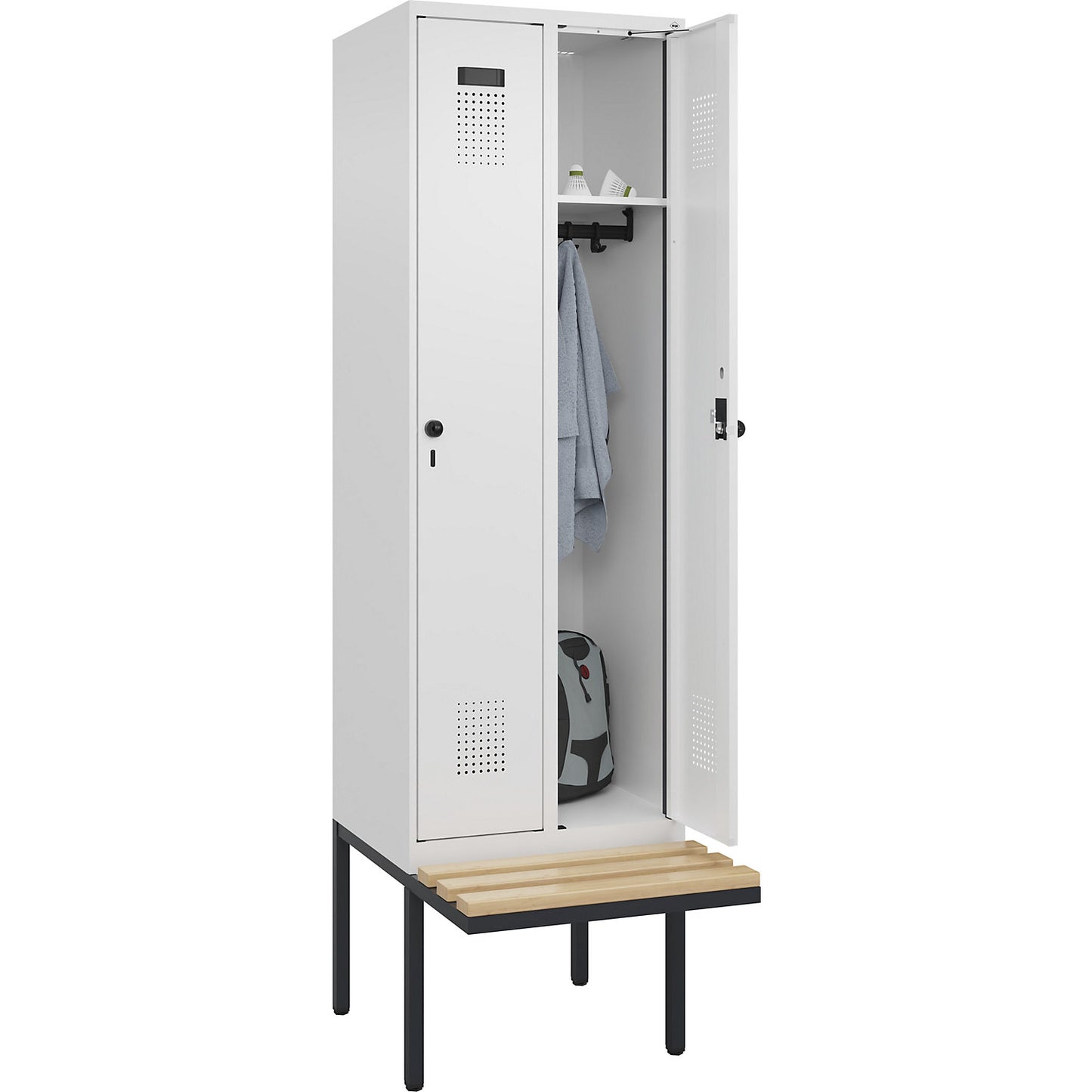 Evolo PLUS bench seat locker, 2 compartments, white, W 600 mm, security rotary bolt, with cantilevered bench seat, beech.