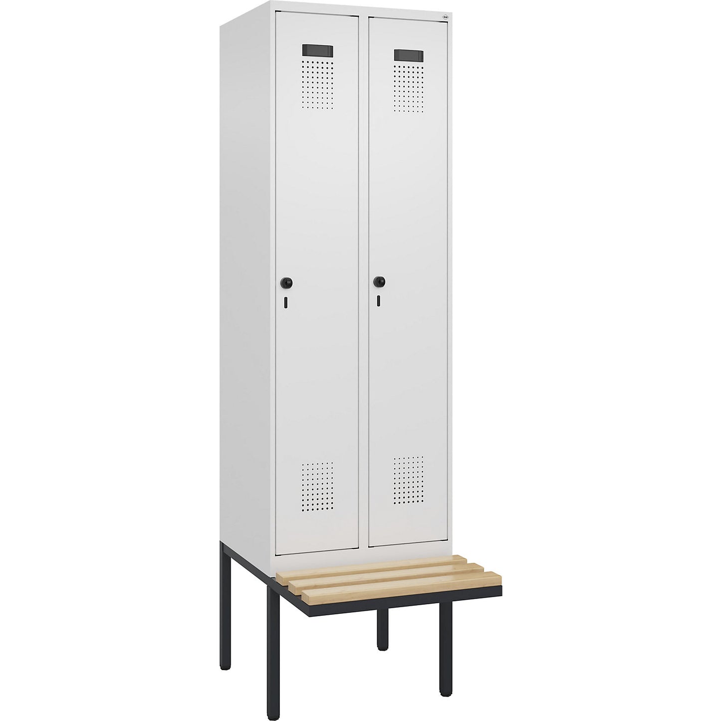 Evolo PLUS clean and dirty bench seat clothes locker, narrow, 2 compartments, shortened centre divider, white, W 600 mm, security rotary bolt, with cantilevered bench seat, beech.