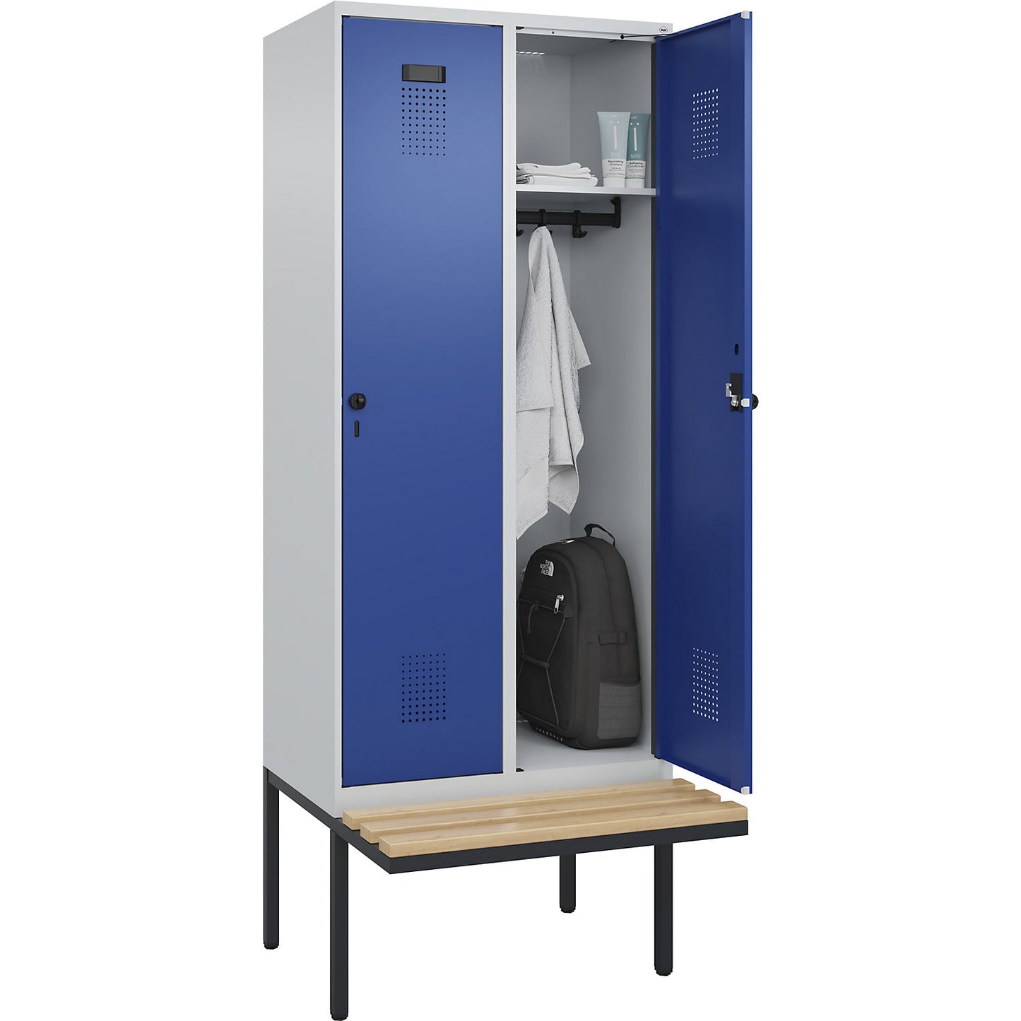 Evolo PLUS bench seat locker, 2 compartments, light grey / gentian blue, W 800 mm, security rotary bolt, with cantilevered bench seat, beech.
