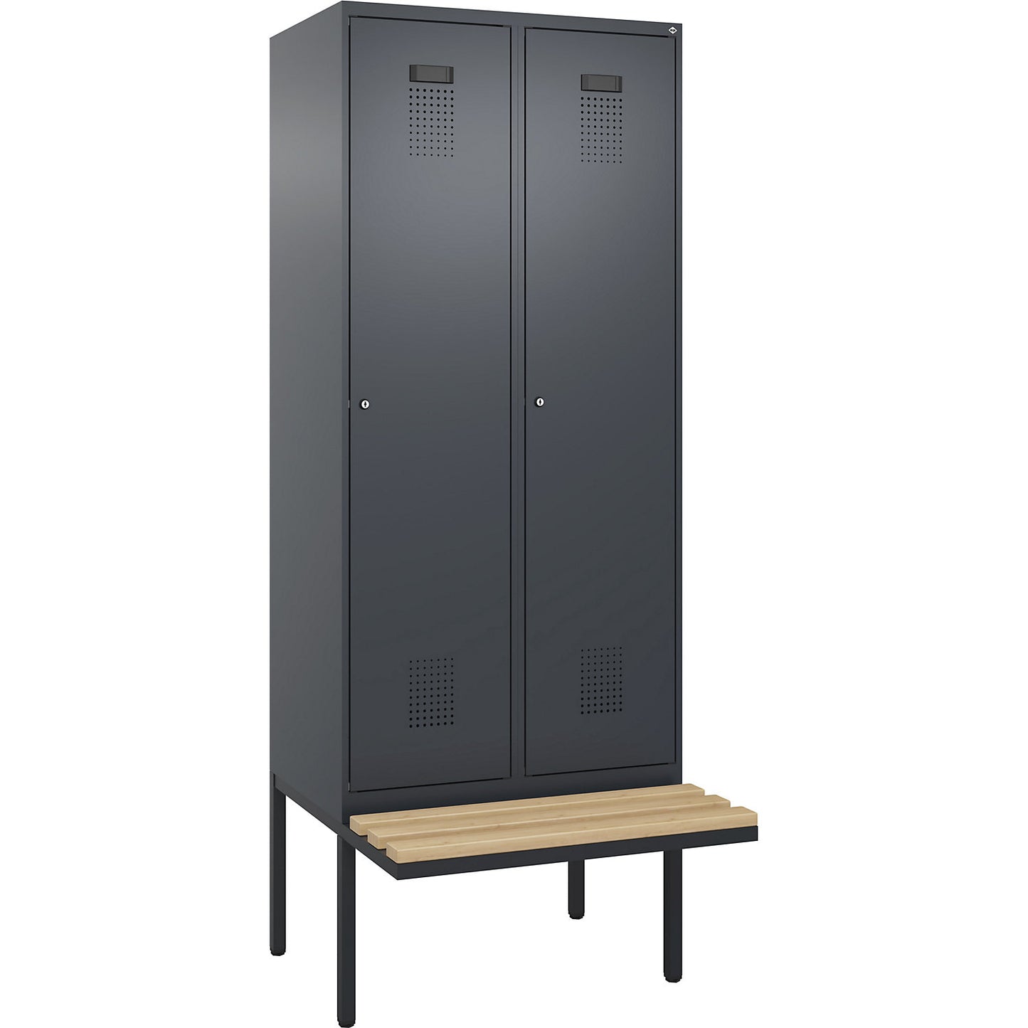 Evolo PLUS bench seat locker, 2 compartments, grey, W 800 mm, cylinder lock, with cantilevered bench seat, beech.