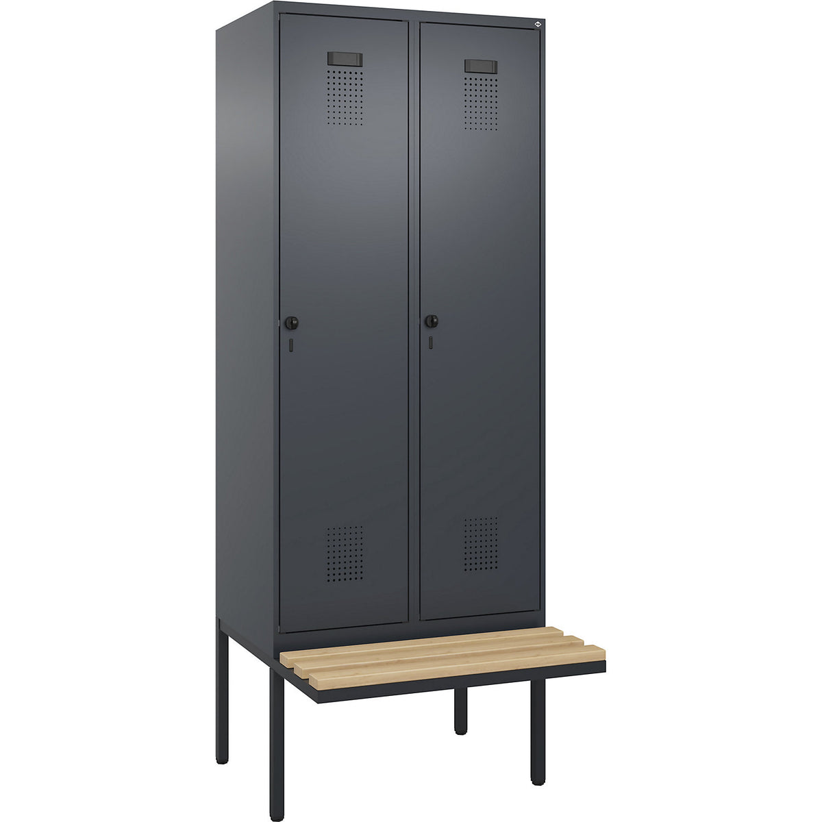 Evolo PLUS clean and dirty bench seat clothes locker, narrow, 2 compartments, shortened centre divider, grey, W 800 mm, security rotary bolt, with cantilevered bench seat, beech.