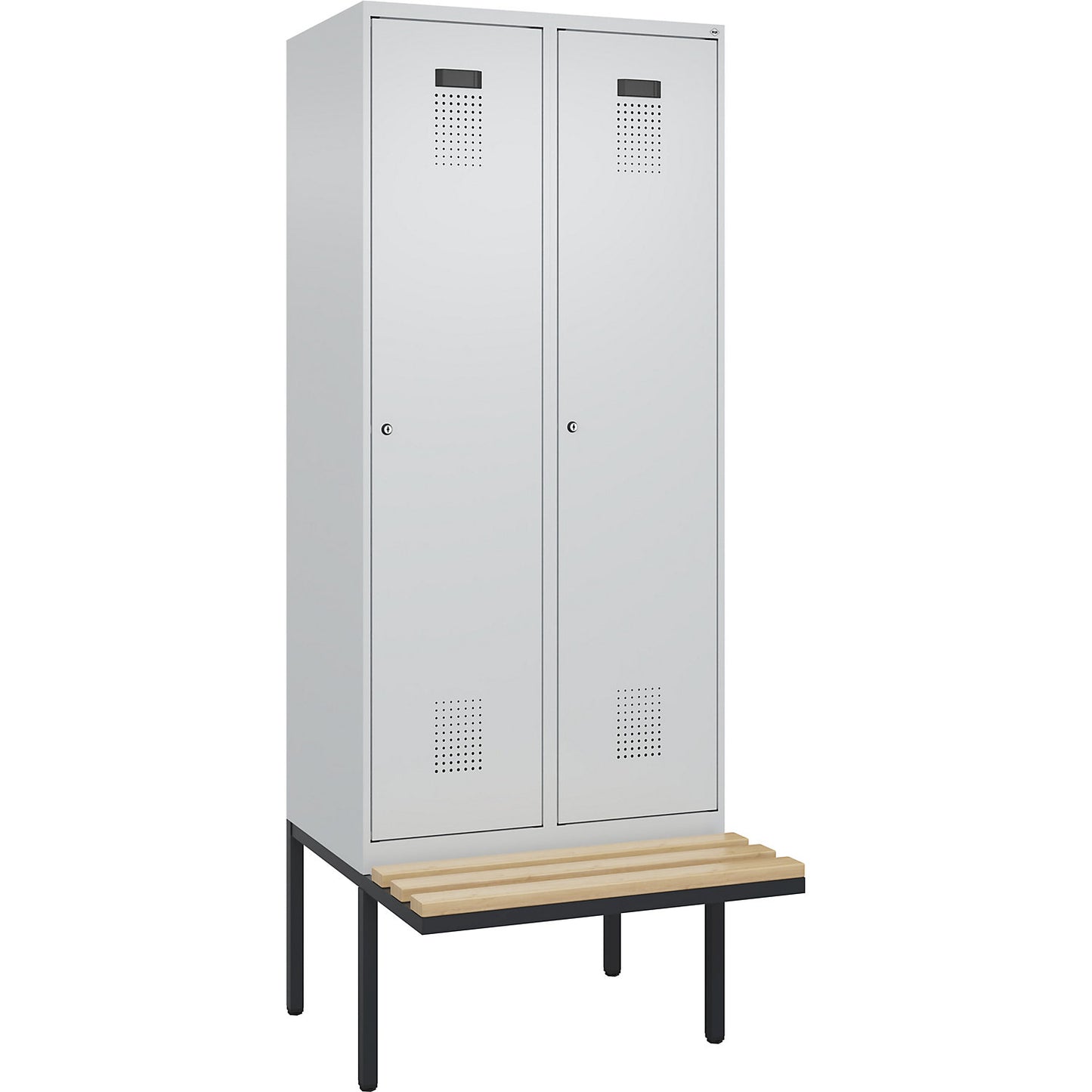 Evolo PLUS clean and dirty bench seat clothes locker, narrow, 2 compartments, shortened centre divider, light grey / light grey, W 800 mm, cylinder lock, with cantilevered bench seat, beech.