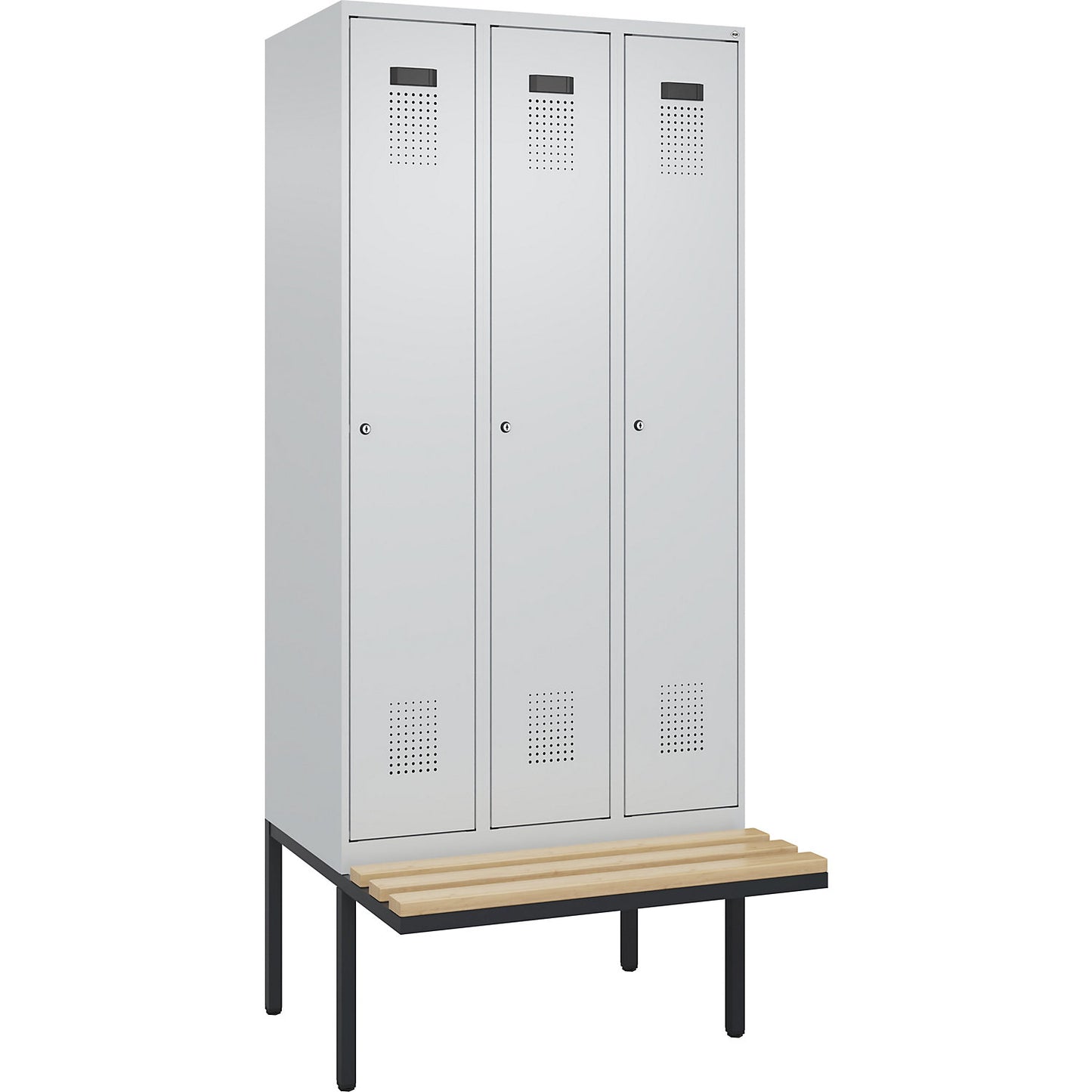 Evolo PLUS bench seat locker, 3 compartments, light grey / light grey, W 900 mm, cylinder lock, with cantilevered bench seat, beech.