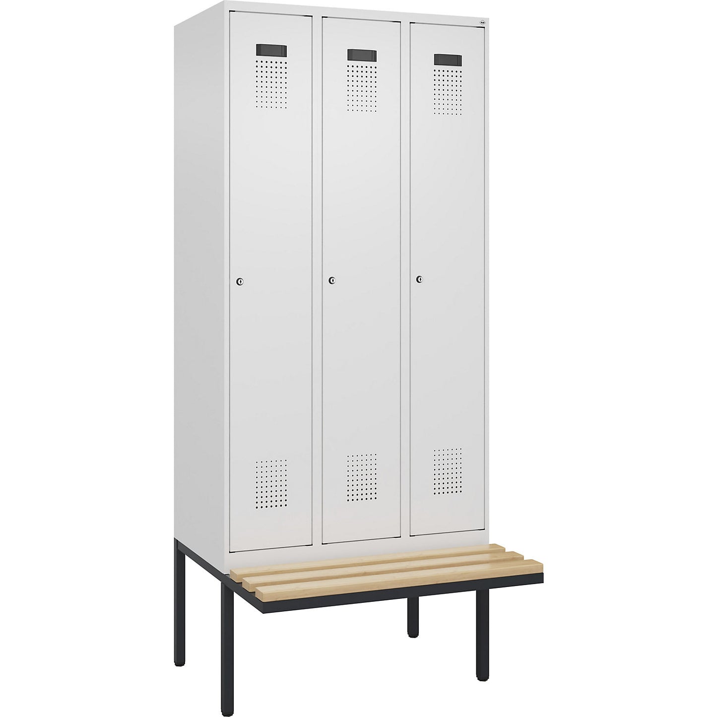 Evolo PLUS bench seat locker, 3 compartments, white, W 900 mm, cylinder lock, with cantilevered bench seat, beech.