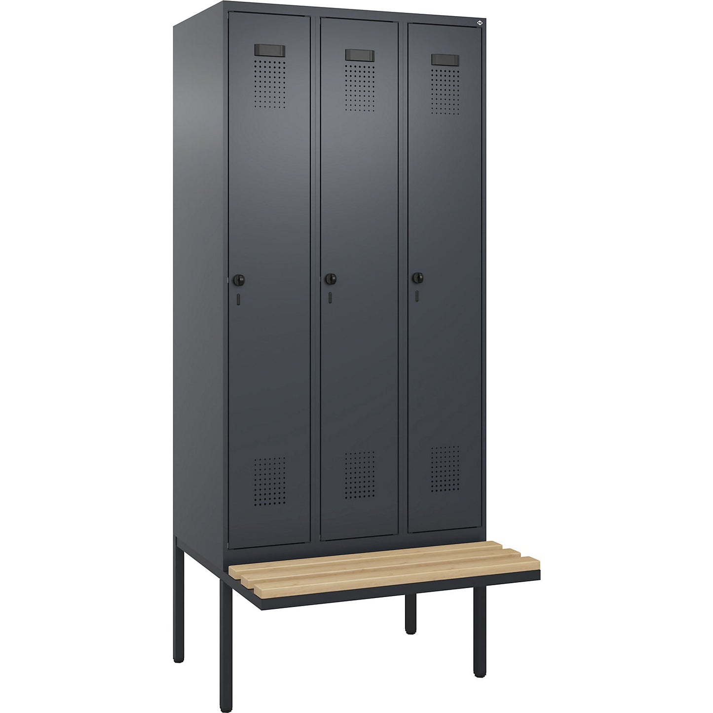 Evolo PLUS clean and dirty bench seat clothes locker, narrow, 3 compartments, shortened centre divider, grey, W 900 mm, security rotary bolt, with cantilevered bench seat, beech.