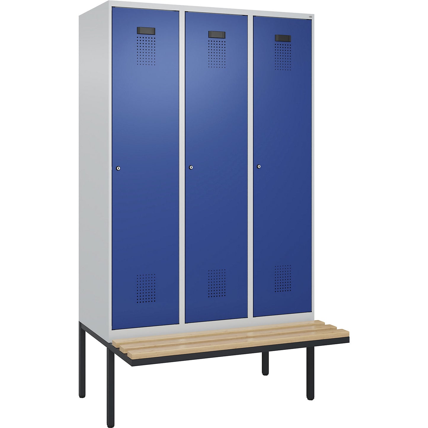 Evolo PLUS bench seat locker, 3 compartments, light grey / gentian blue, W 1200 mm, cylinder lock, with cantilevered bench seat, beech.
