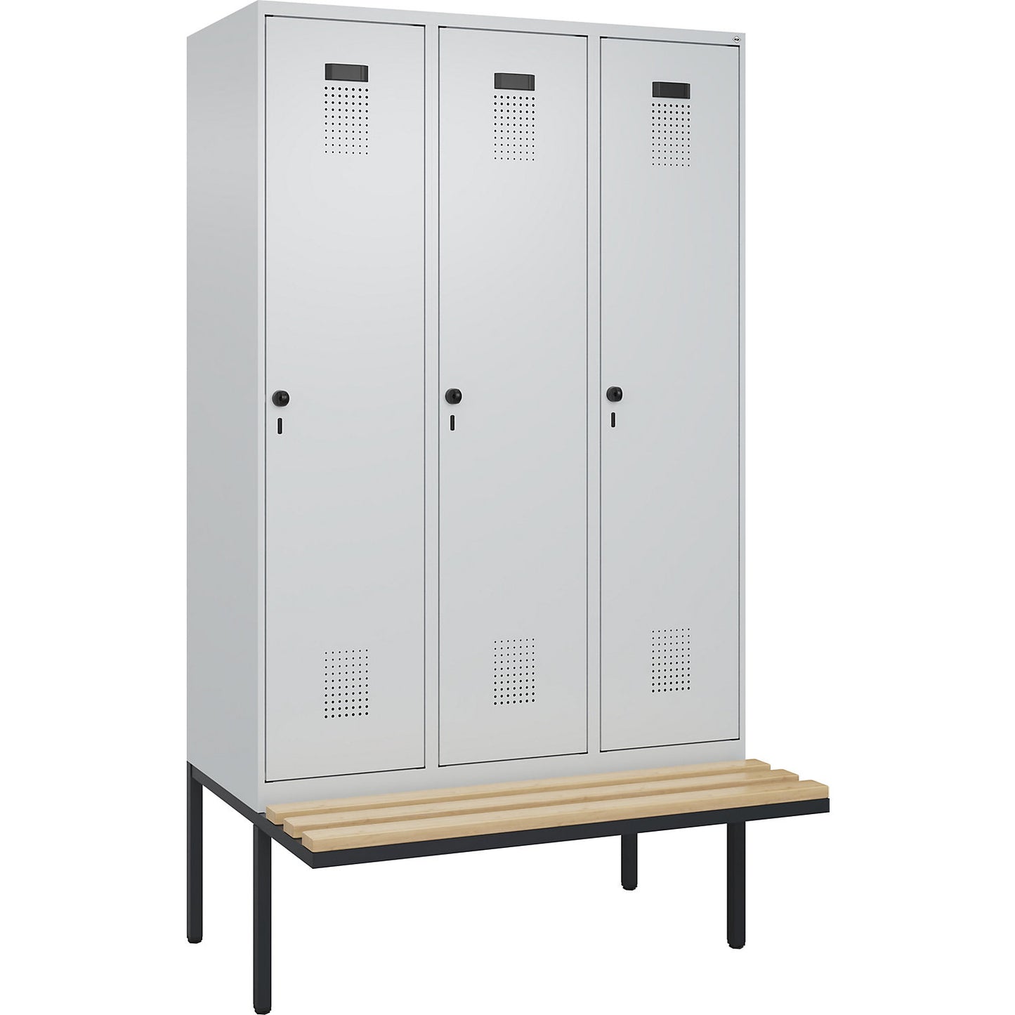 Evolo PLUS clean and dirty bench seat clothes locker, narrow, 3 compartments, shortened centre divider, light grey / light grey, W 1200 mm, security rotary bolt, with cantilevered bench seat, beech.