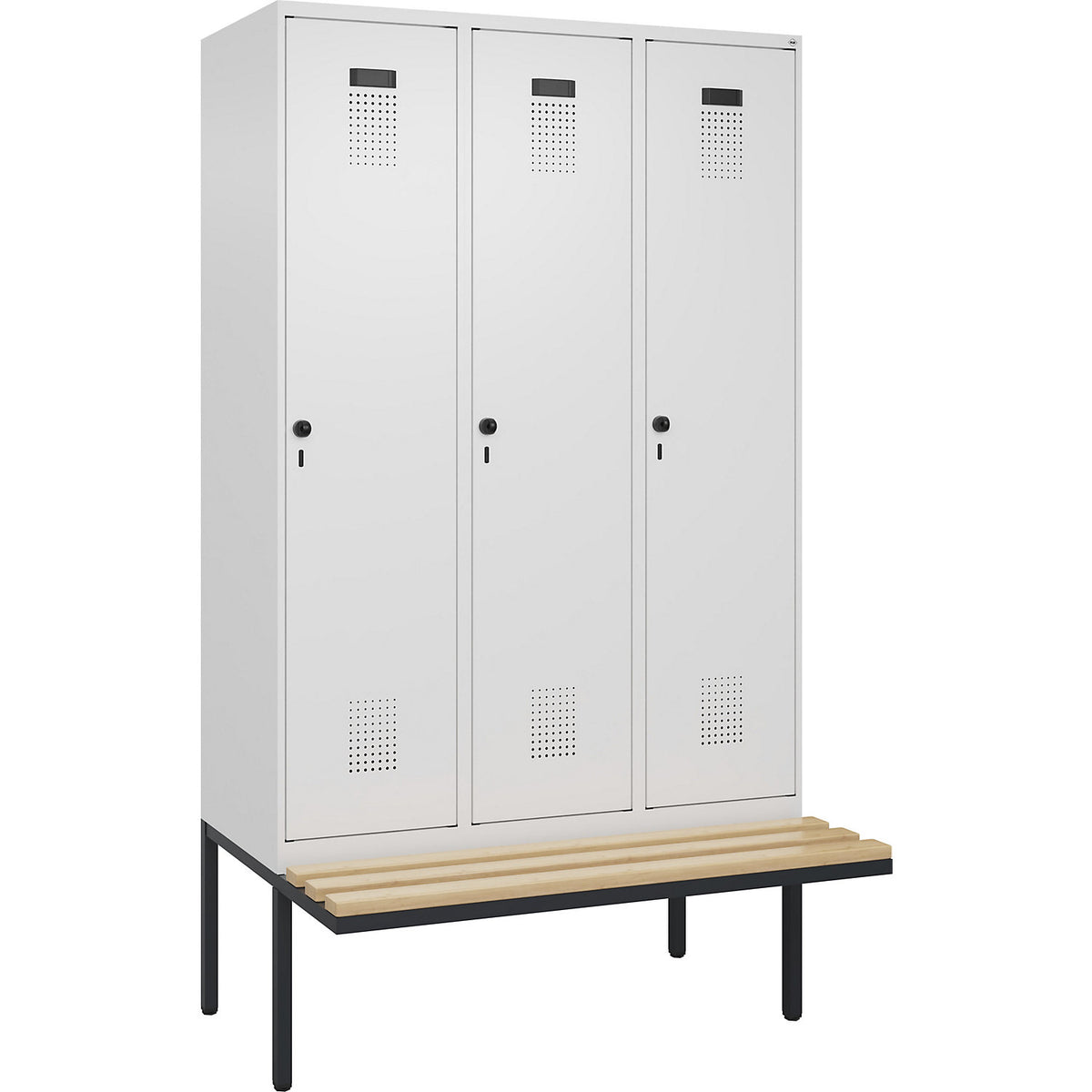 Evolo PLUS clean and dirty bench seat clothes locker, narrow, 3 compartments, shortened centre divider, white, W 1200 mm, security rotary bolt, with cantilevered bench seat, beech.