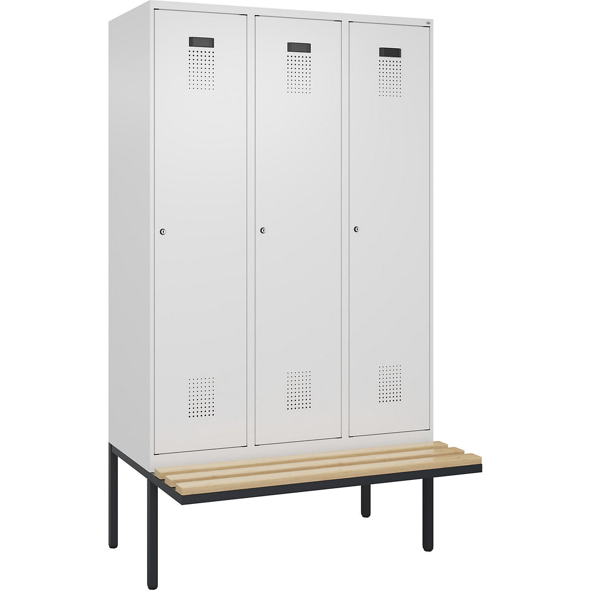 Evolo PLUS clean and dirty bench seat clothes locker, narrow, 3 compartments, shortened centre divider, white, W 1200 mm, cylinder lock, with cantilevered bench seat, beech.