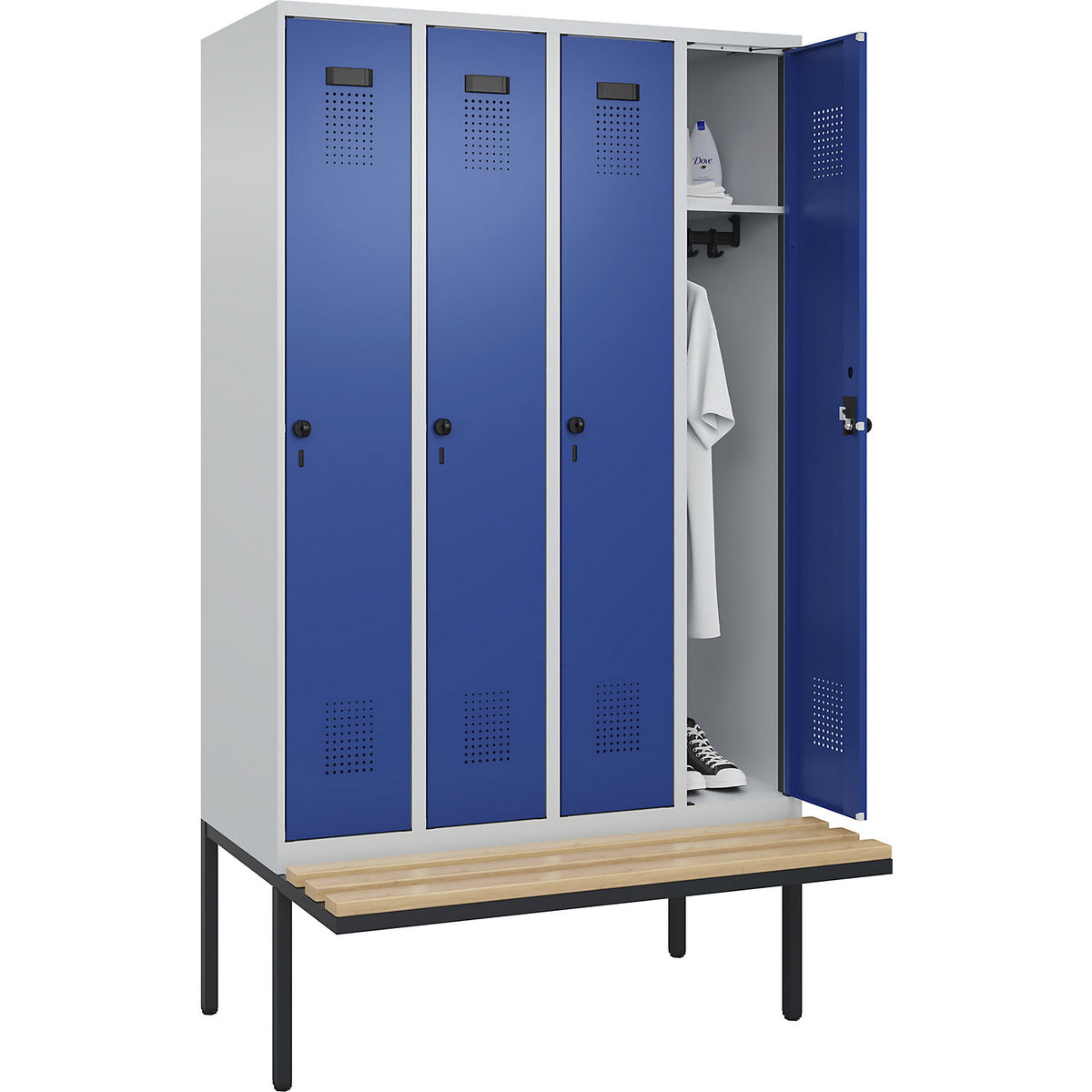 Evolo PLUS bench seat locker, 4 compartments, light grey / gentian blue, W 1200 mm, security rotary bolt, with cantilevered bench seat, beech.
