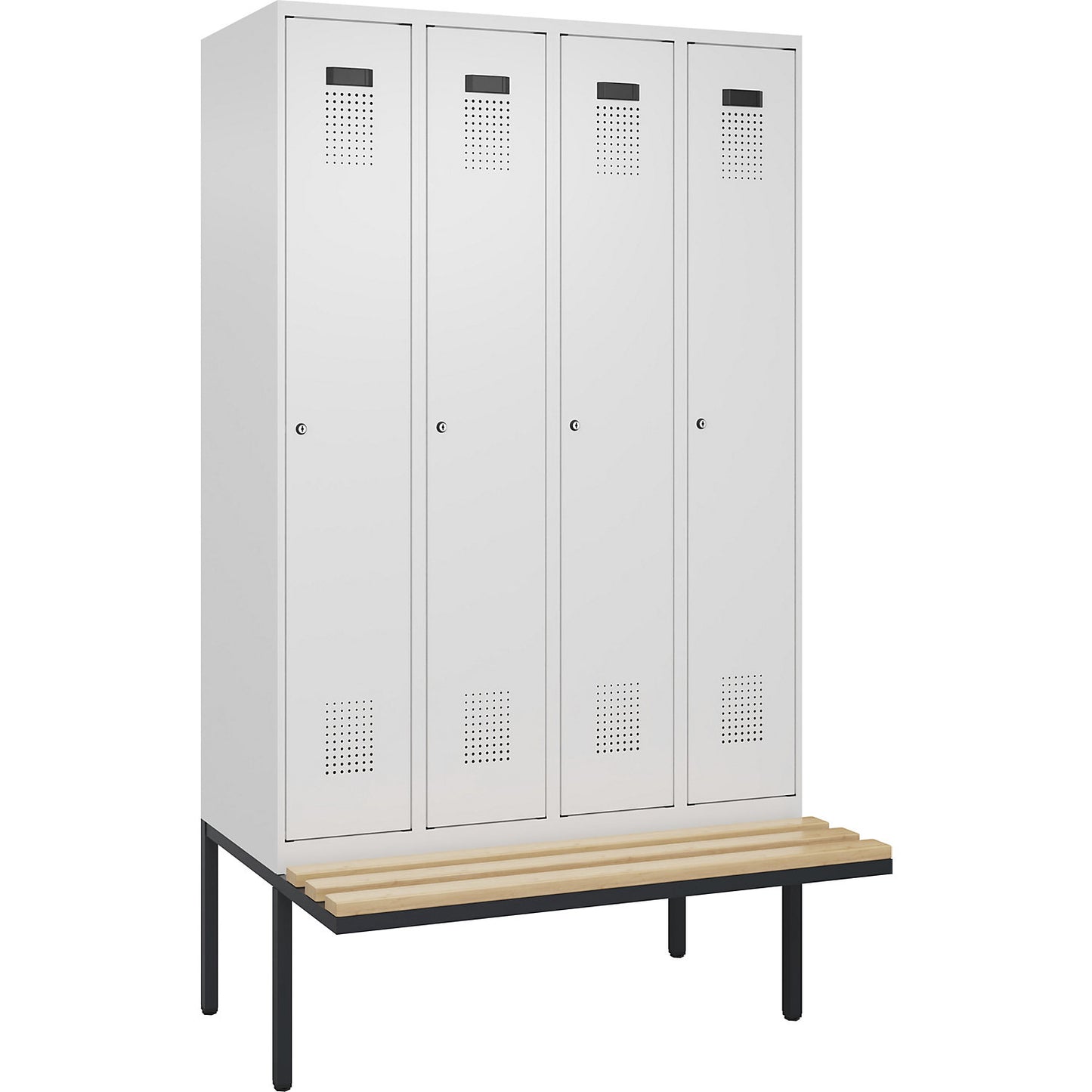 Evolo PLUS clean and dirty bench seat clothes locker, narrow, 4 compartments, shortened centre divider, white, W 1200 mm, cylinder lock, with cantilevered bench seat, beech.