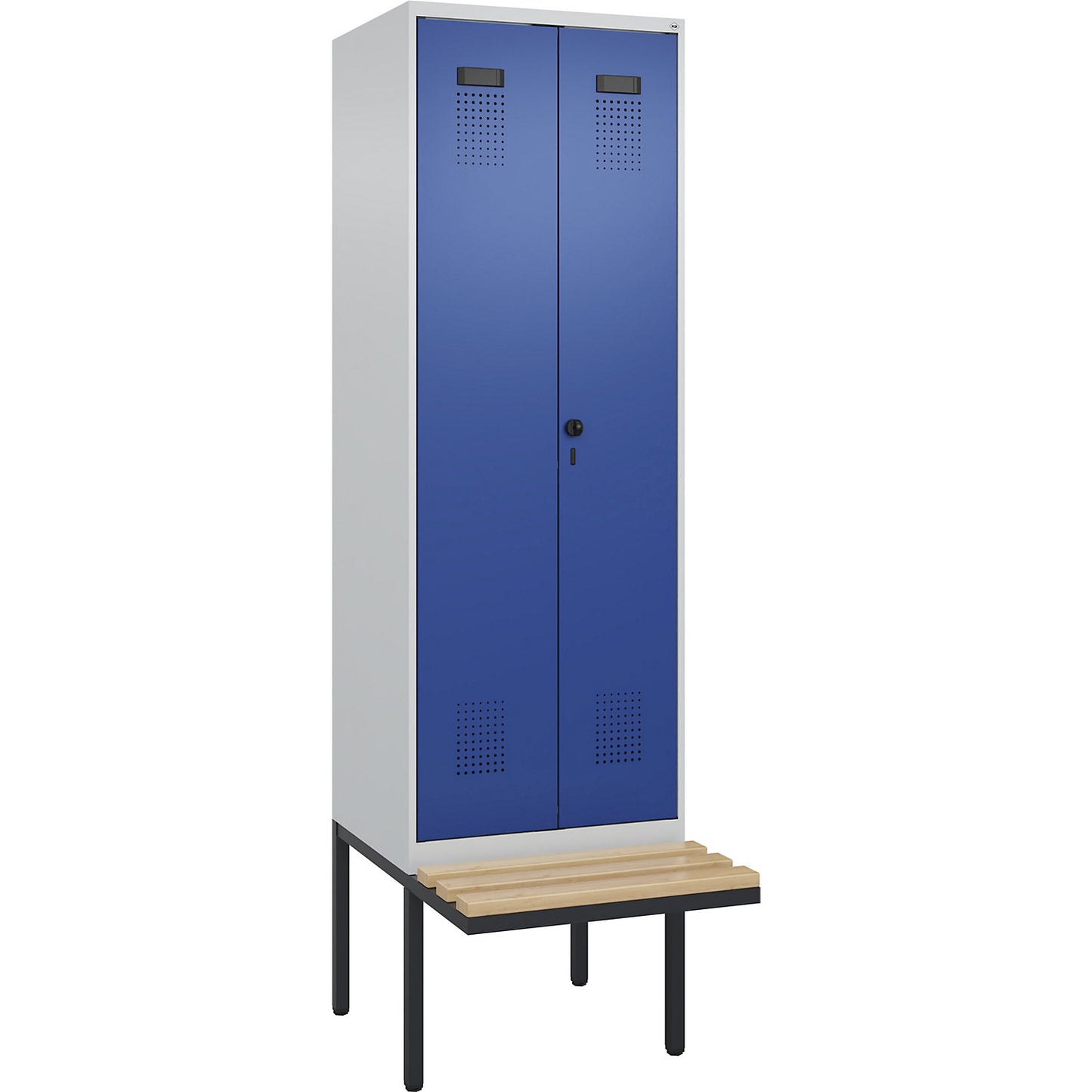Evolo PLUS clean and dirty bench seat clothes locker, 2 compartments, shortened centre divider, light grey / gentian blue, W 600 mm, security rotary bolt, with cantilevered bench seat, beech.