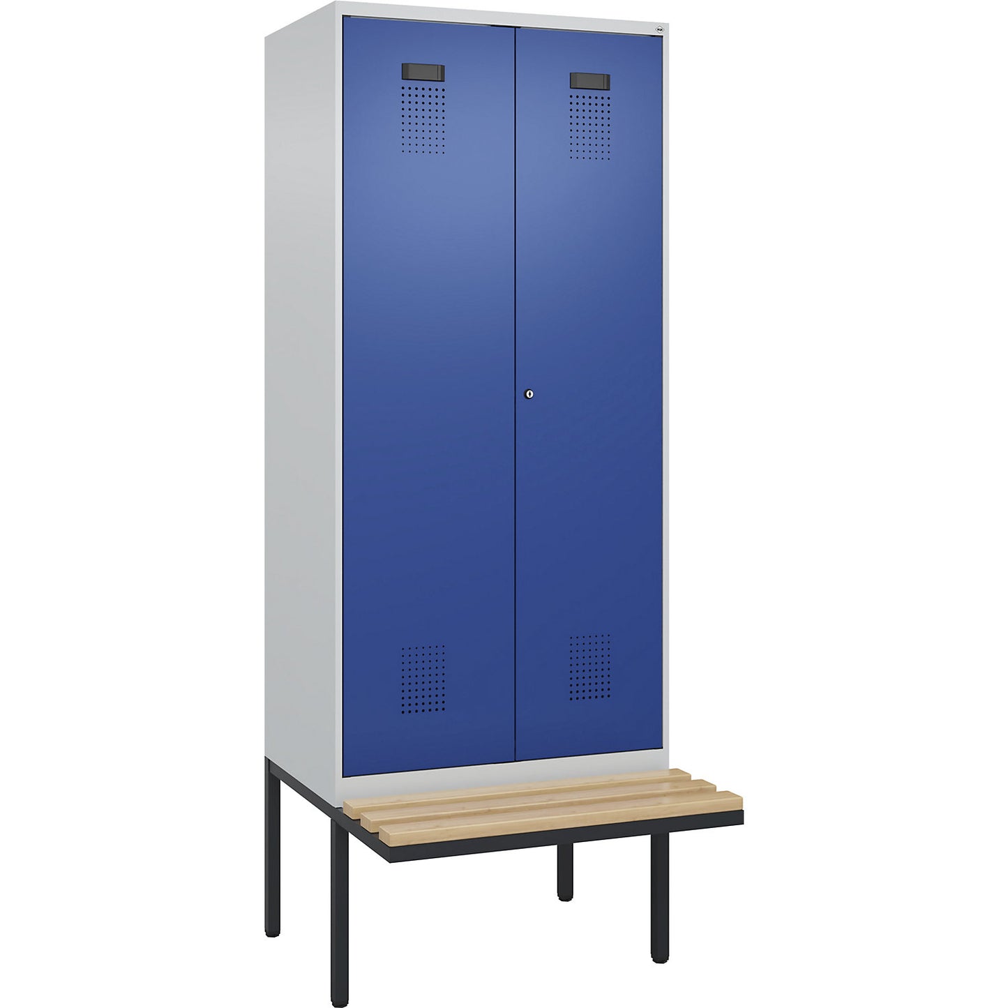 Evolo PLUS clean and dirty bench seat clothes locker, 2 compartments, shortened centre divider, light grey / gentian blue, W 800 mm, cylinder lock, with cantilevered bench seat, beech.