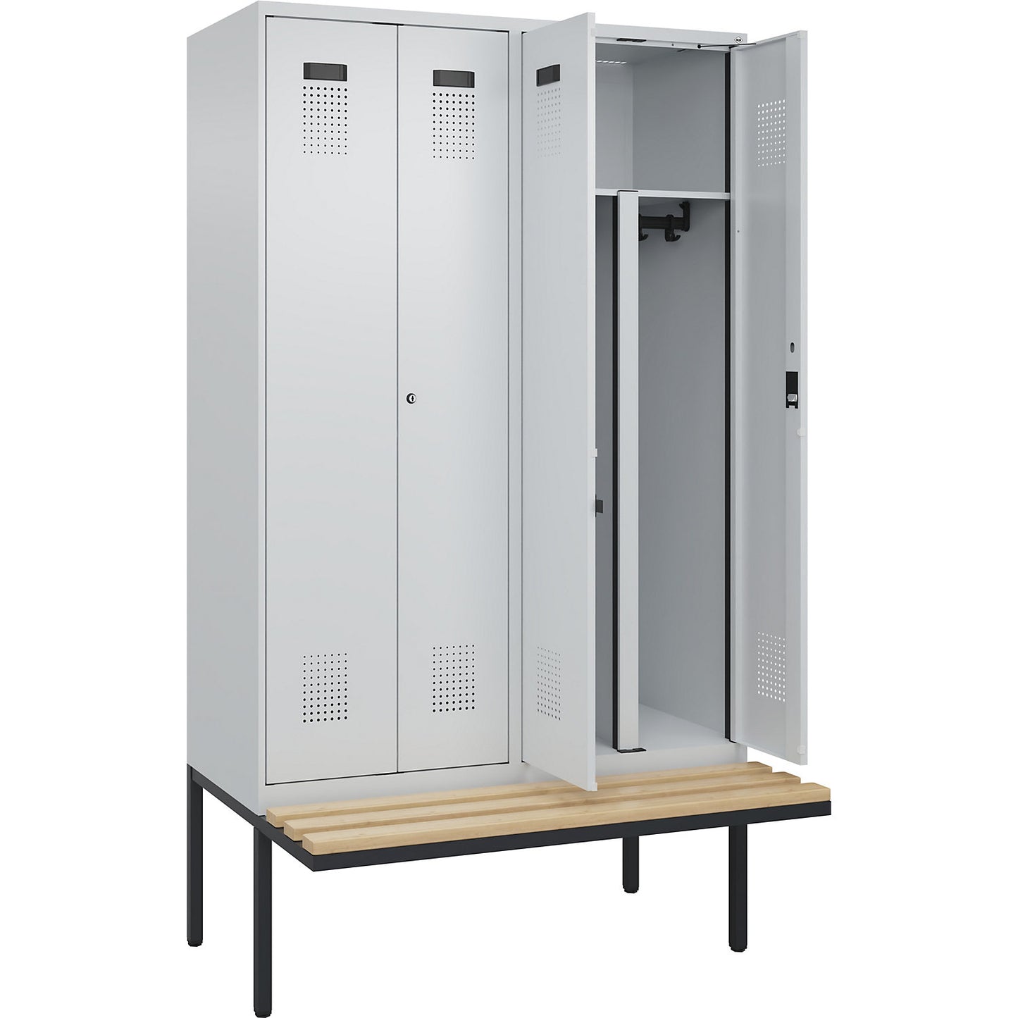 Evolo PLUS clean and dirty bench seat clothes locker, 4 compartments, shortened centre divider, light grey / light grey, W 1200 mm, cylinder lock, with cantilevered bench seat, beech.