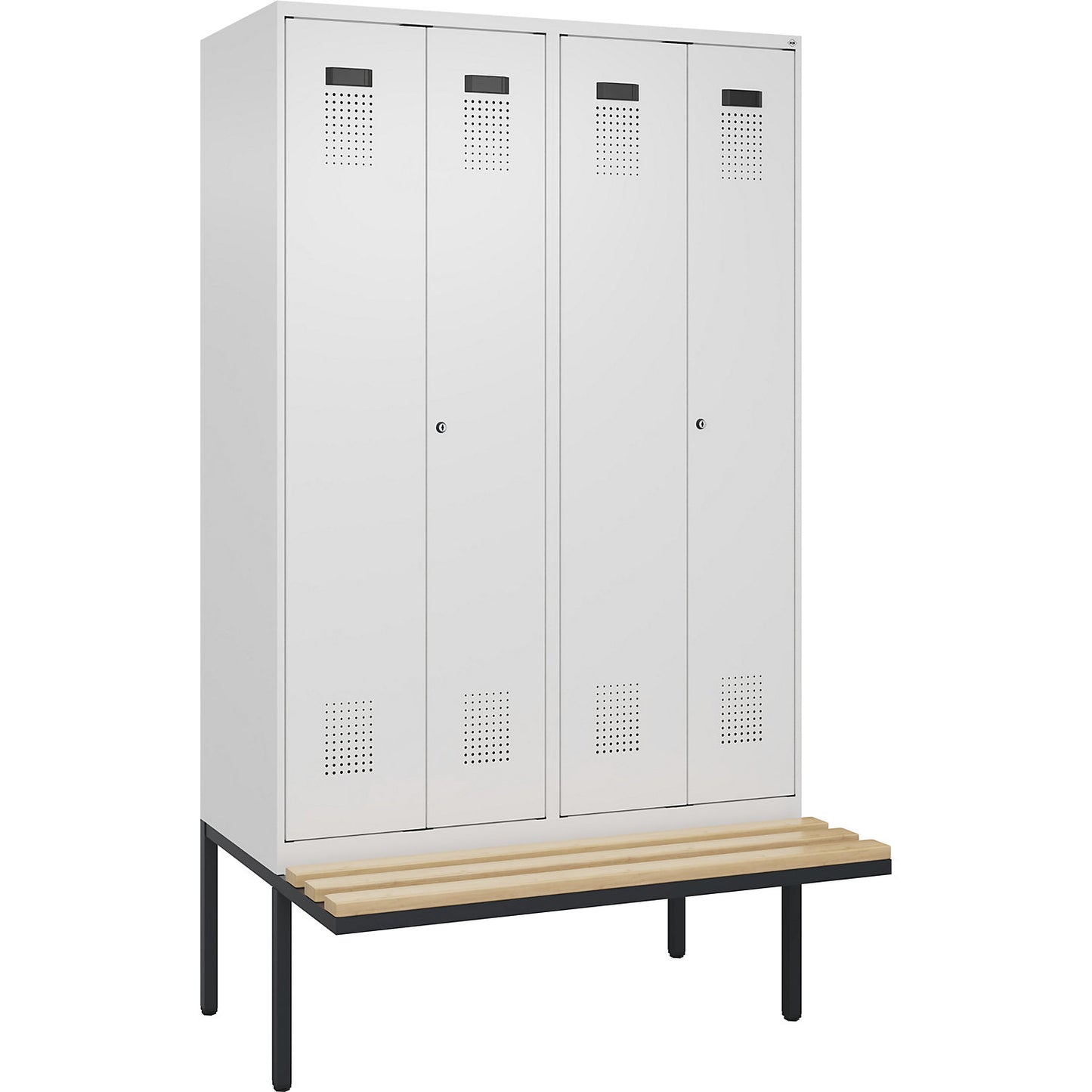 Evolo PLUS clean and dirty bench seat clothes locker, 4 compartments, shortened centre divider, white, W 1200 mm, cylinder lock, with cantilevered bench seat, beech.