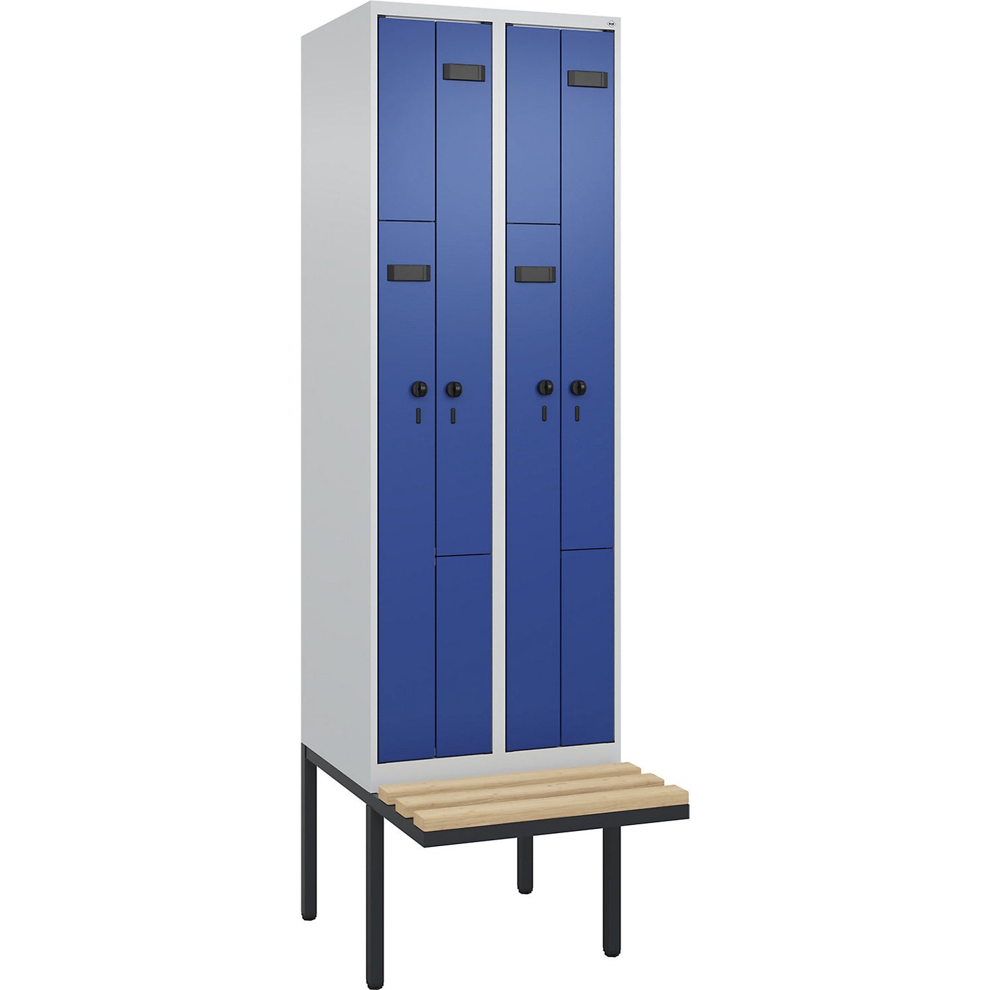 Evolo PLUS bench seat Z locker, 2 compartments, light grey / gentian blue, W 600 mm, security rotary bolt, with cantilevered bench seat, beech.
