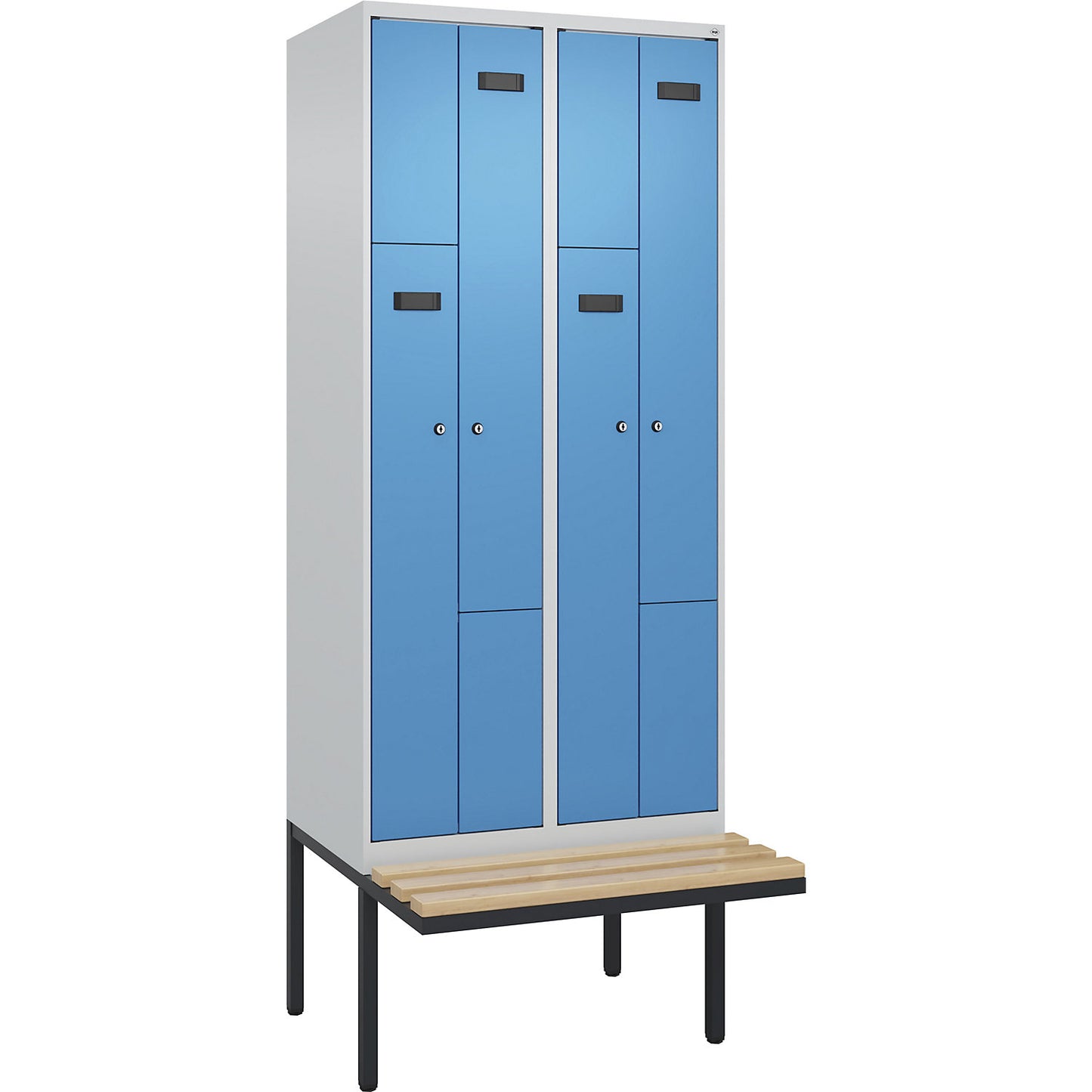 Evolo PLUS bench seat Z locker, 2 compartments, light grey / light blue, W 800 mm, cylinder lock, with cantilevered bench seat, beech.