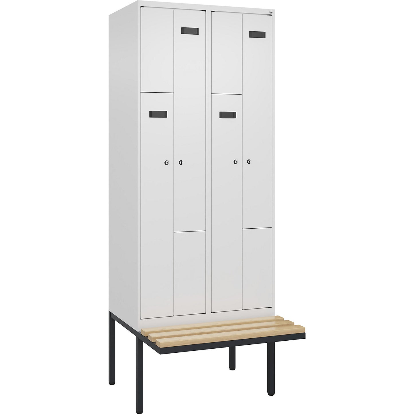 Evolo PLUS bench seat Z locker, 2 compartments, white, W 800 mm, cylinder lock, with cantilevered bench seat, beech.