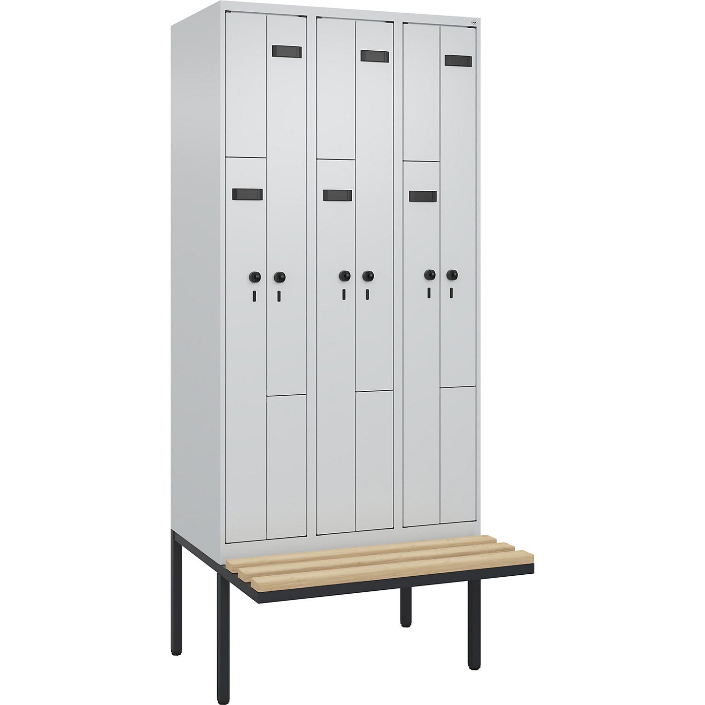 Evolo PLUS bench seat Z locker, 3 compartments, light grey / light grey, W 900 mm, security rotary bolt, with cantilevered bench seat, beech.
