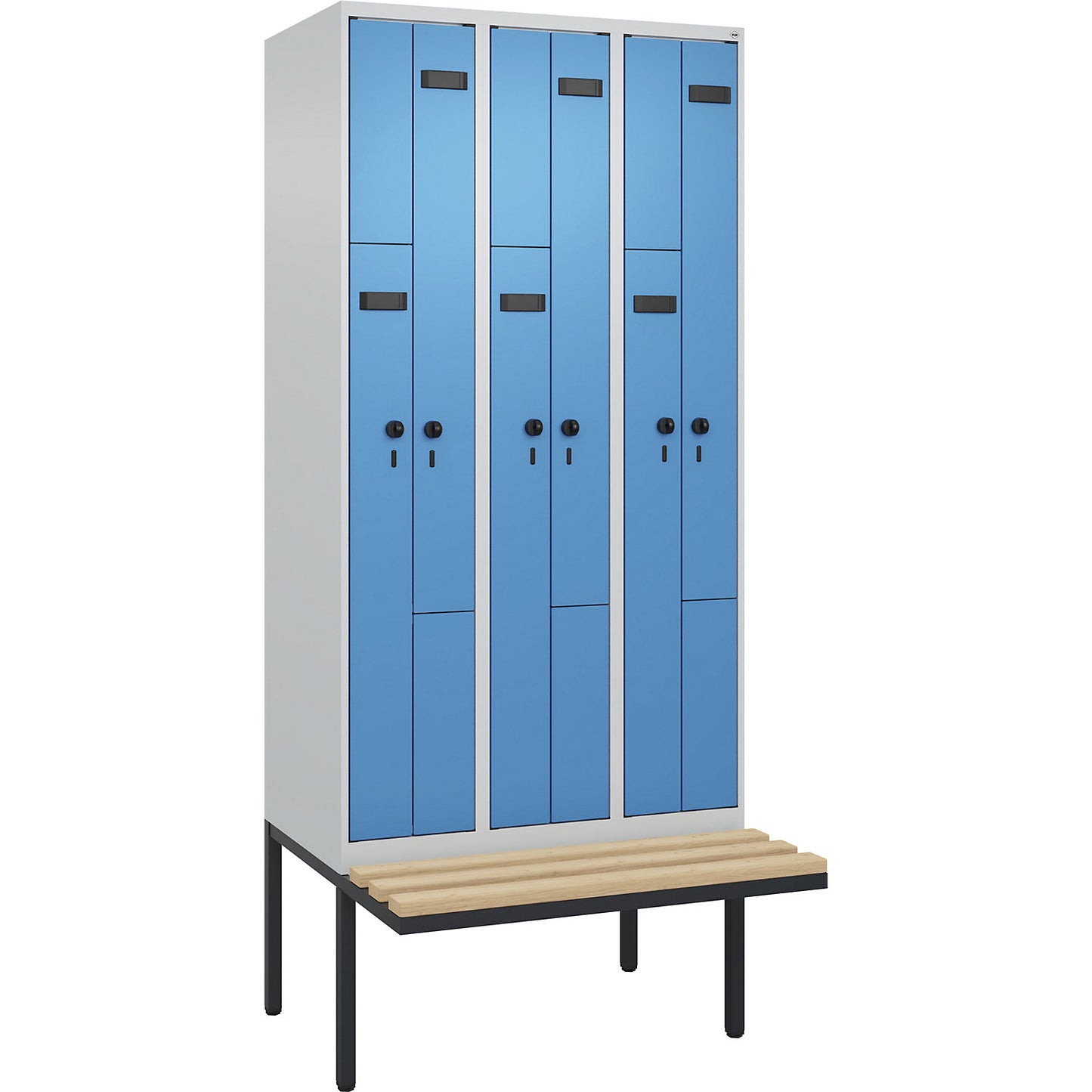 Evolo PLUS bench seat Z locker, 3 compartments, light grey / light blue, W 900 mm, security rotary bolt, with cantilevered bench seat, beech.