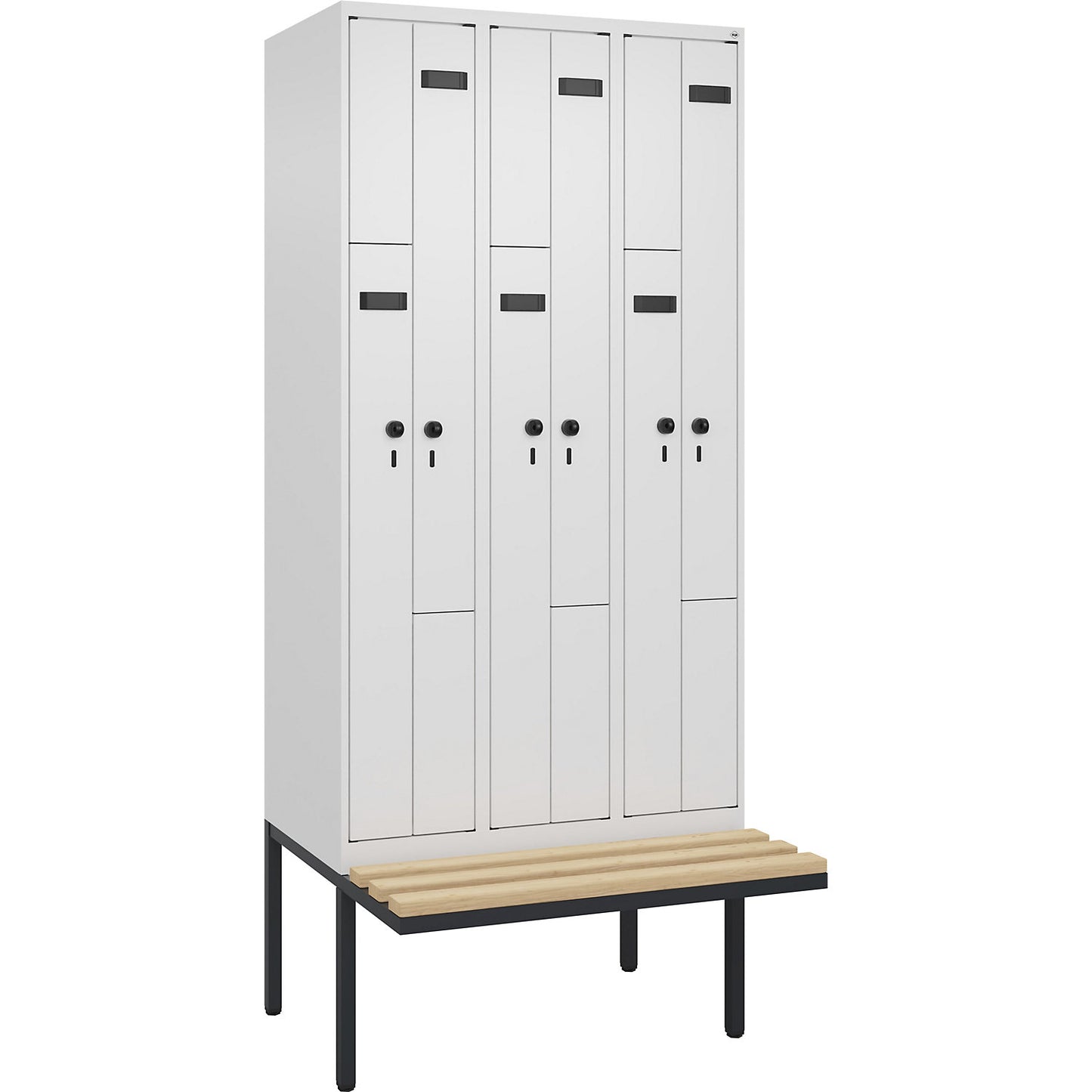 Evolo PLUS bench seat Z locker, 3 compartments, white, W 900 mm, security rotary bolt, with cantilevered bench seat, beech.