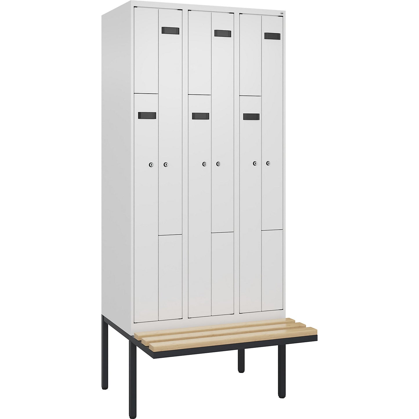 Evolo PLUS bench seat Z locker, 3 compartments, white, W 900 mm, cylinder lock, with cantilevered bench seat, beech.