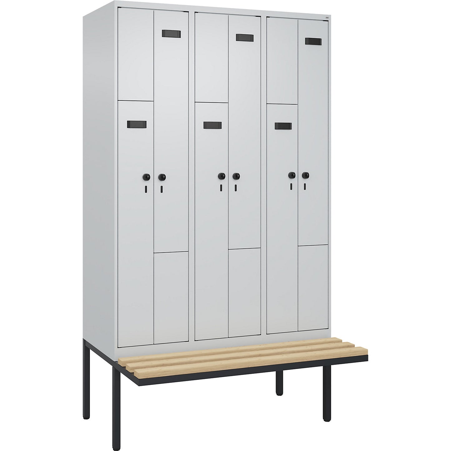 Evolo PLUS bench seat Z locker, 3 compartments, light grey / light grey, W 1200 mm, security rotary bolt, with cantilevered bench seat, beech.