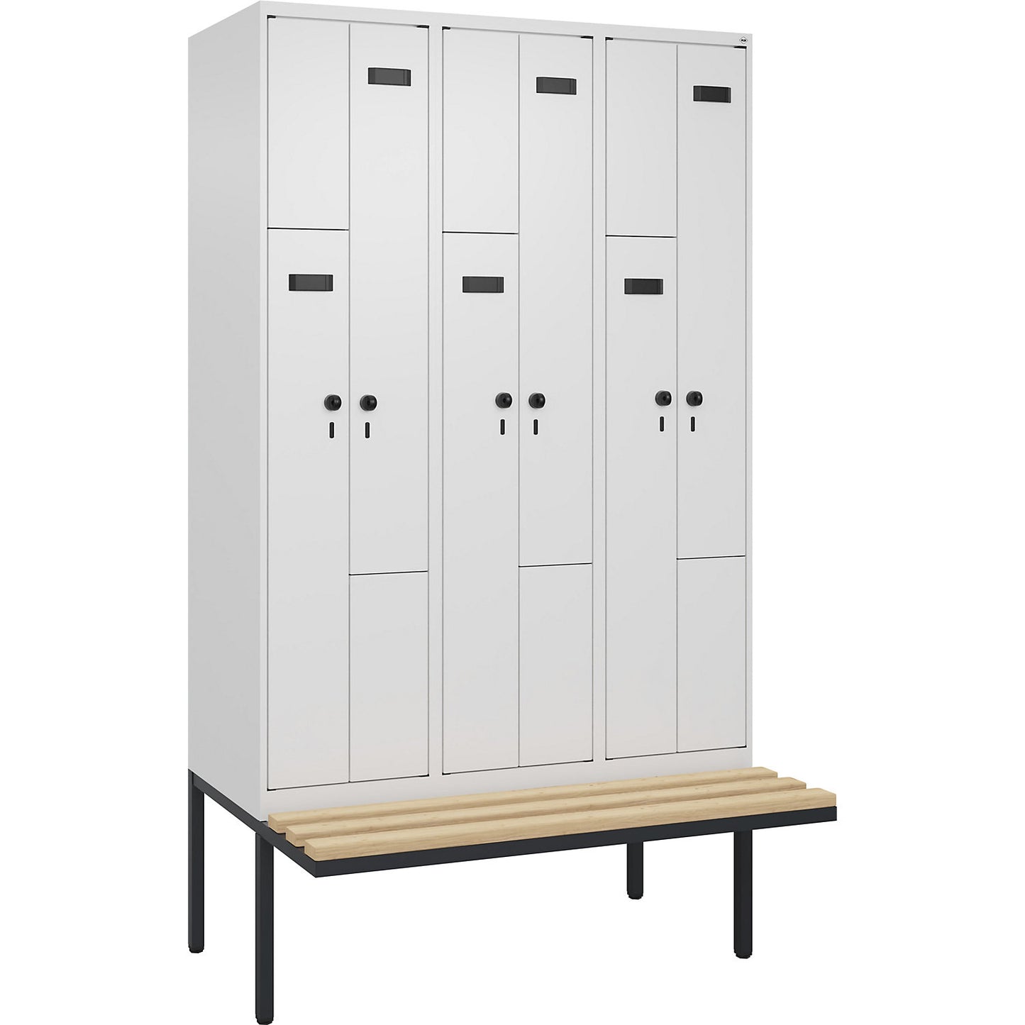 Evolo PLUS bench seat Z locker, 3 compartments, white, W 1200 mm, security rotary bolt, with cantilevered bench seat, beech.