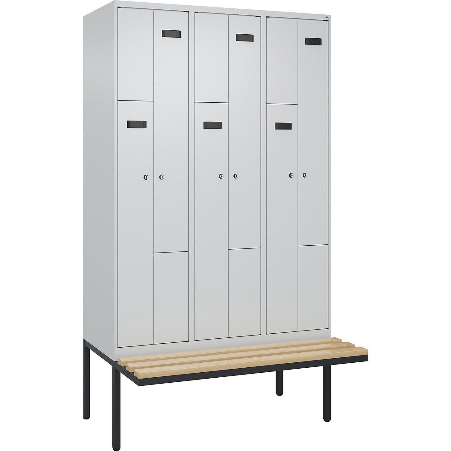 Evolo PLUS bench seat Z locker, 3 compartments, light grey / light grey, W 1200 mm, cylinder lock, with cantilevered bench seat, beech.