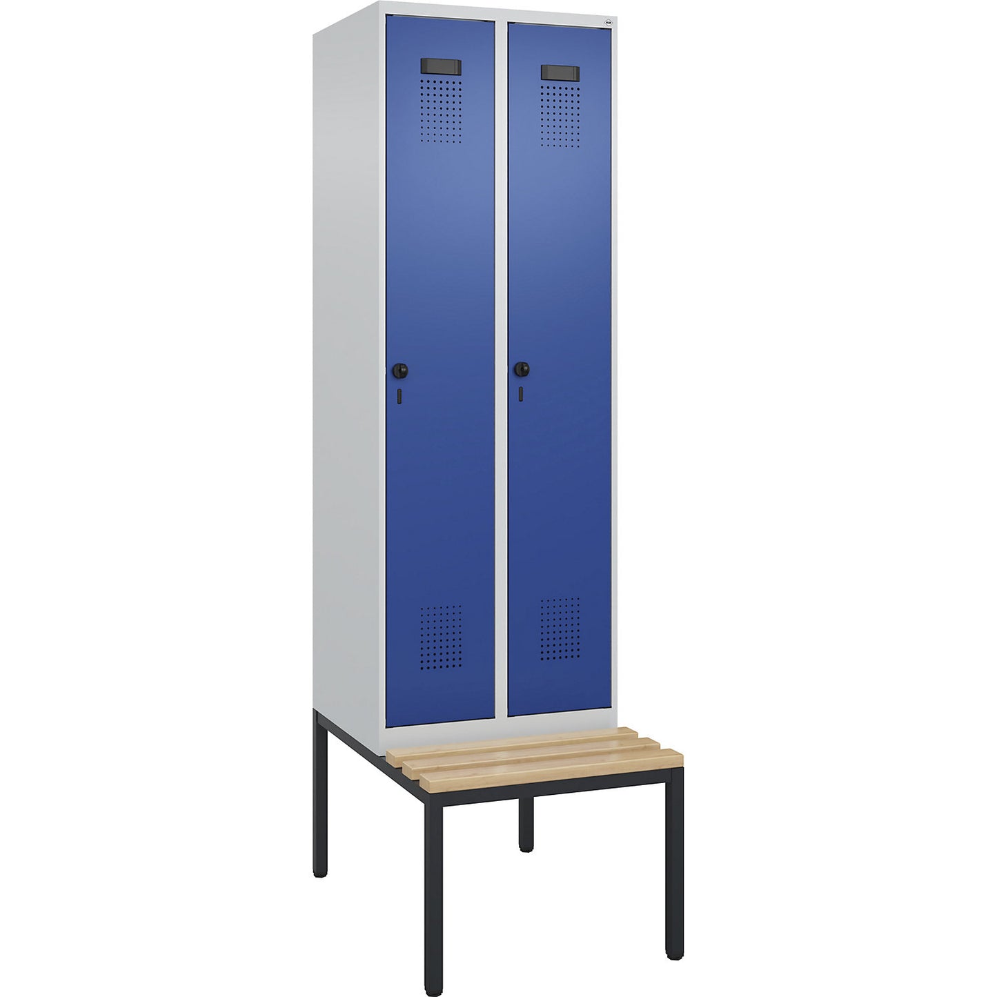 Evolo PLUS bench seat locker, 2 compartments, light grey / gentian blue, W 600 mm, security rotary bolt, with bench fitted below, beech.