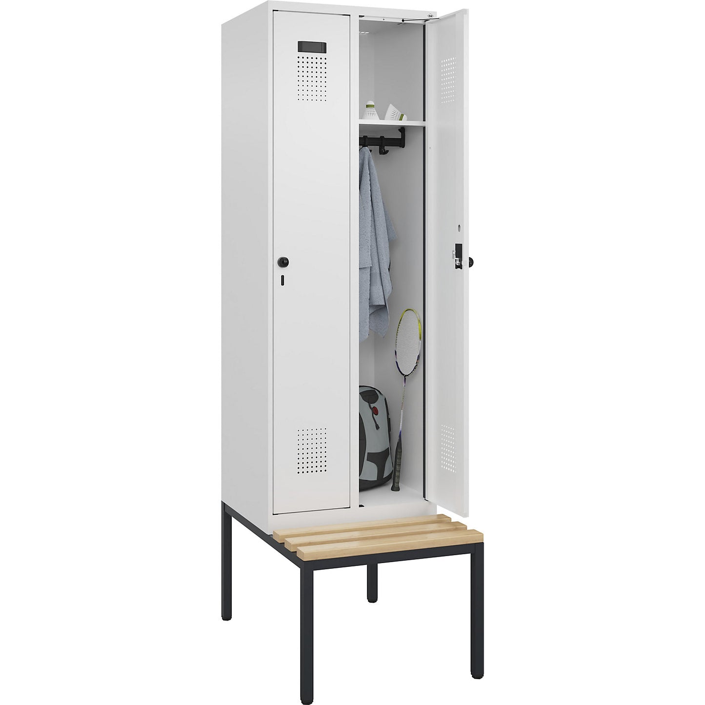 Evolo PLUS bench seat locker, 2 compartments, white, W 600 mm, security rotary bolt, with bench fitted below, beech.