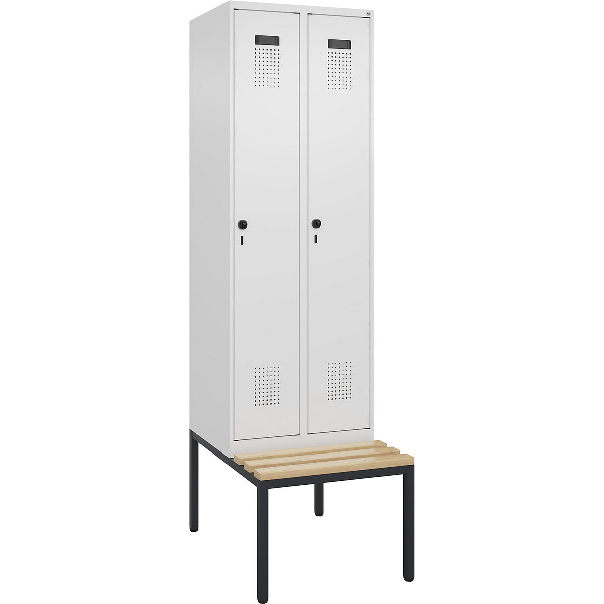 Evolo PLUS clean and dirty bench seat clothes locker, narrow, 2 compartments, shortened centre divider, white, W 600 mm, security rotary bolt, with bench fitted below, beech.