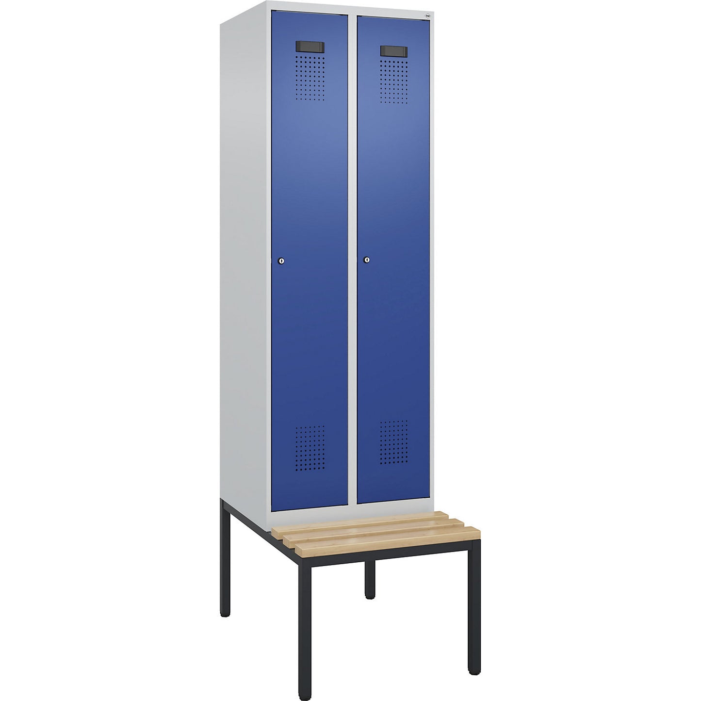 Evolo PLUS clean and dirty bench seat clothes locker, narrow, 2 compartments, shortened centre divider, light grey / gentian blue, W 600 mm, cylinder lock, with bench fitted below, beech.
