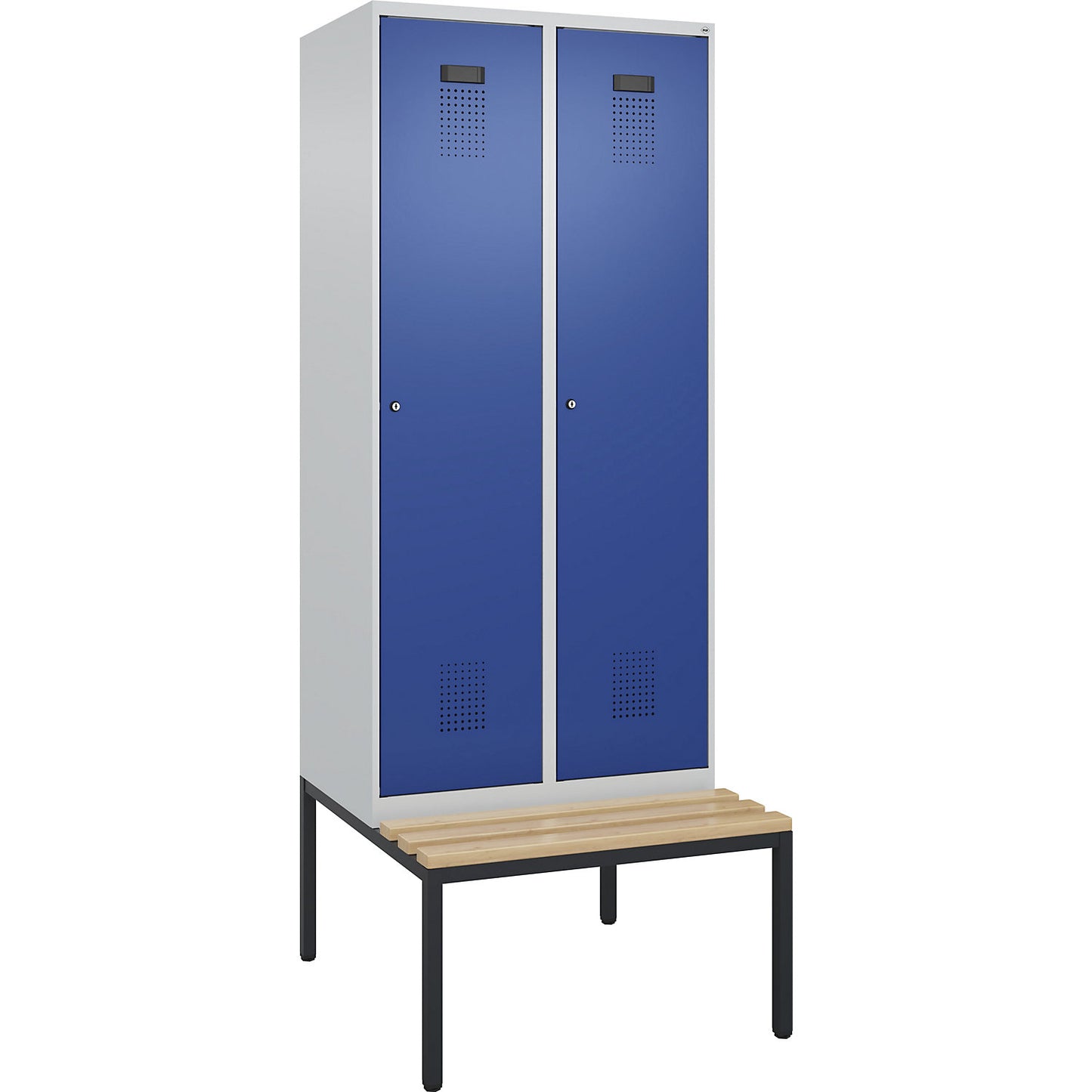 Evolo PLUS clean and dirty bench seat clothes locker, narrow, 2 compartments, shortened centre divider, light grey / gentian blue, W 800 mm, cylinder lock, with bench fitted below, beech.