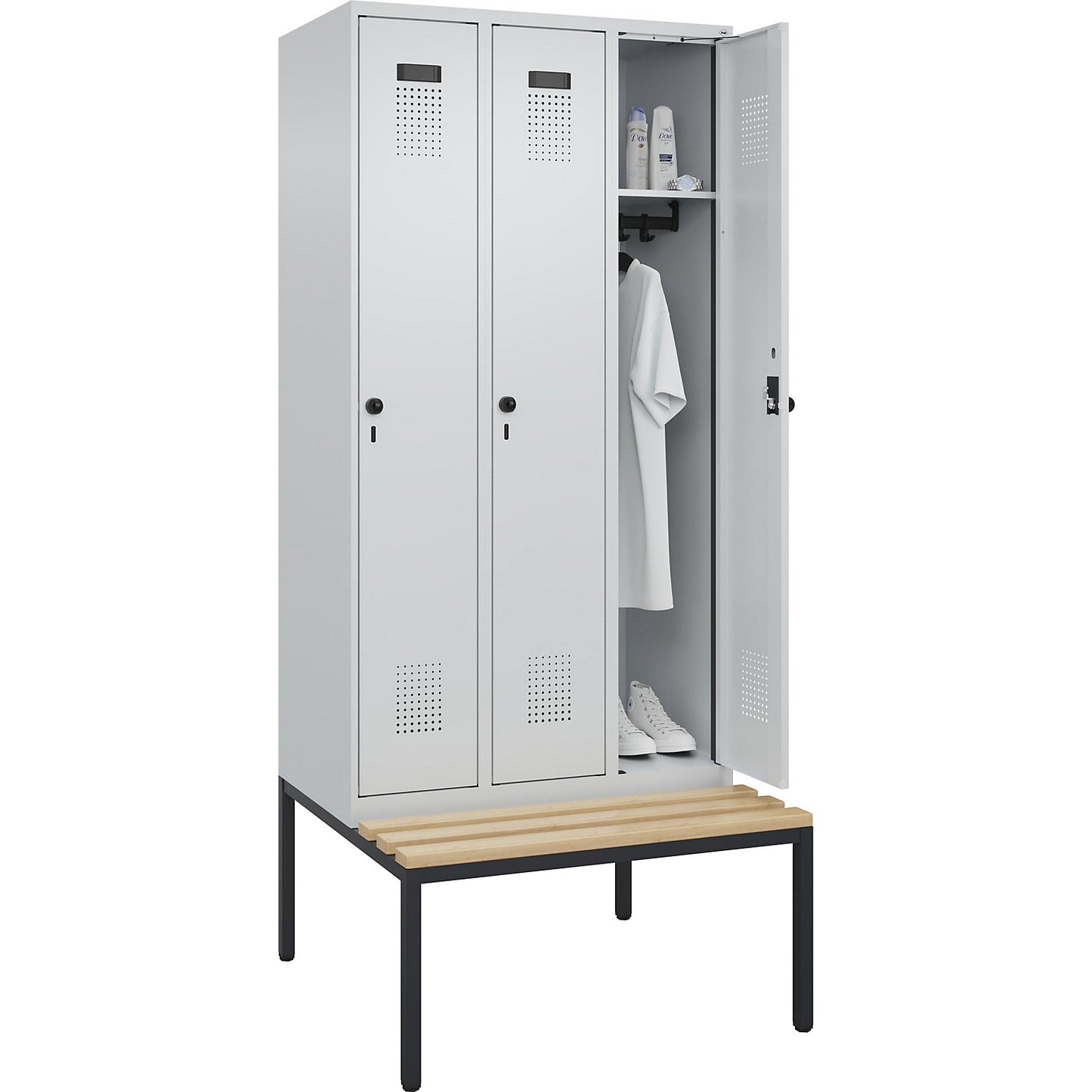 Evolo PLUS bench seat locker, 3 compartments, light grey / light grey, W 900 mm, security rotary bolt, with bench fitted below, beech.
