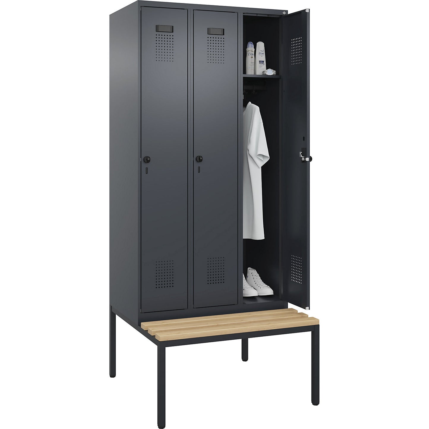 Evolo PLUS bench seat locker, 3 compartments, grey, W 900 mm, security rotary bolt, with bench fitted below, beech.