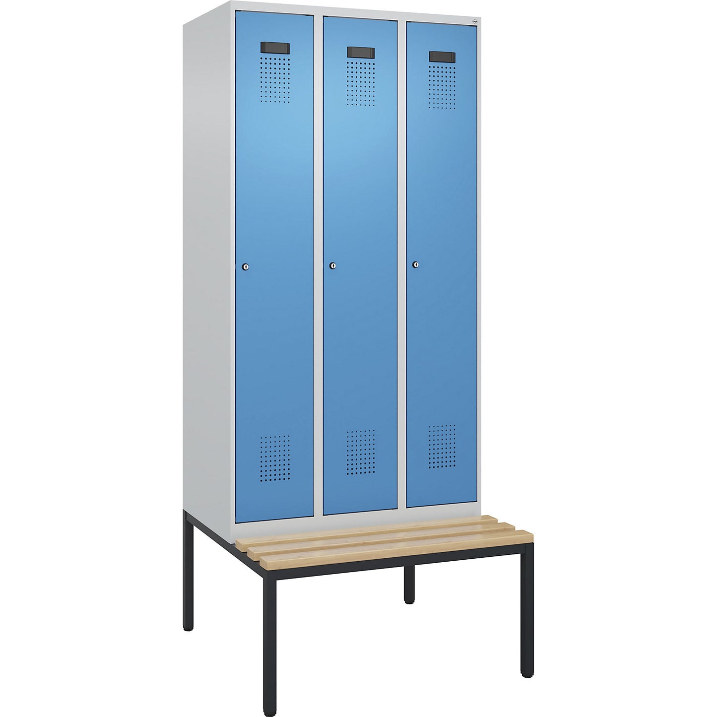 Evolo PLUS bench seat locker, 3 compartments, light grey / light blue, W 900 mm, cylinder lock, with bench fitted below, beech.