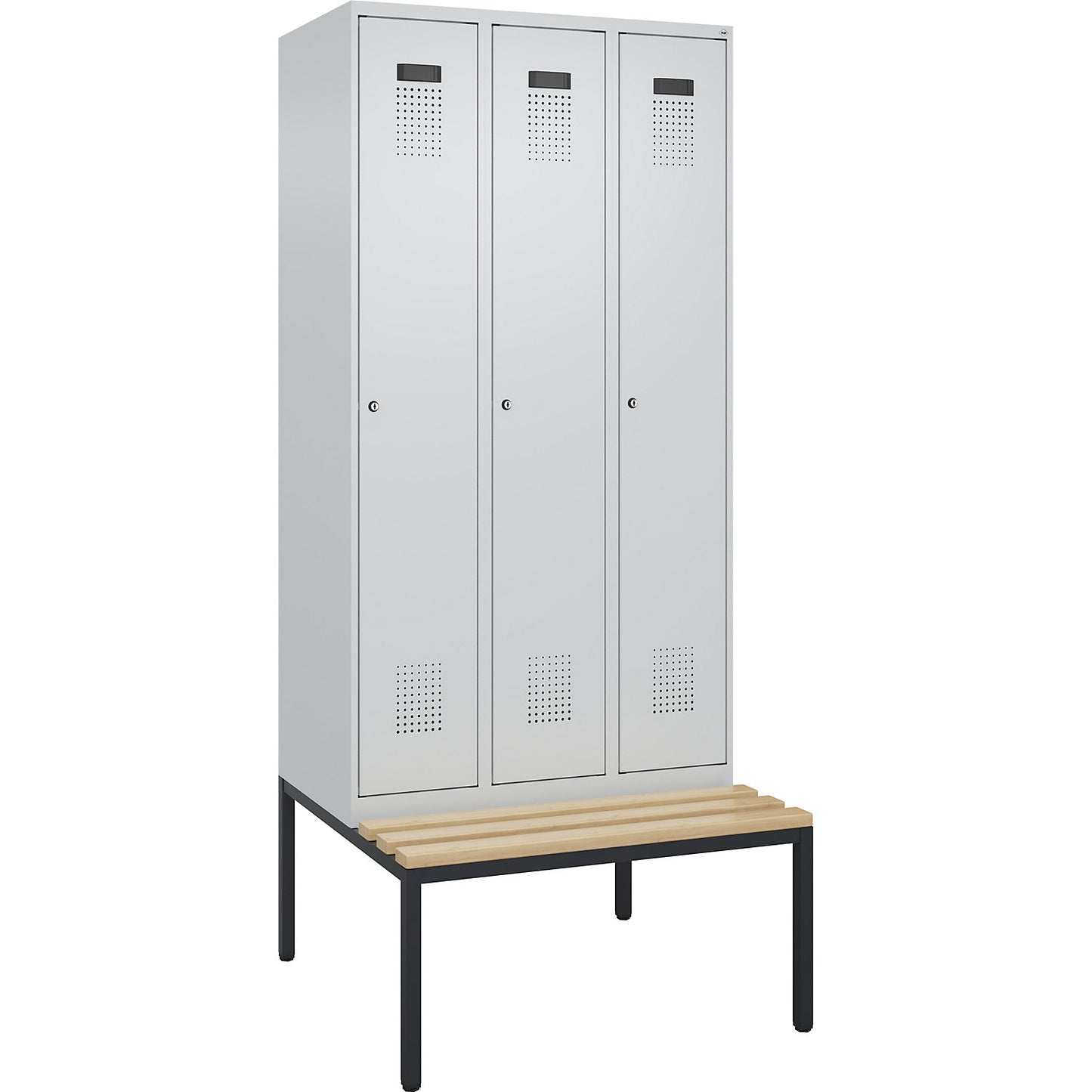 Evolo PLUS bench seat locker, 3 compartments, light grey / light grey, W 900 mm, cylinder lock, with bench fitted below, beech.