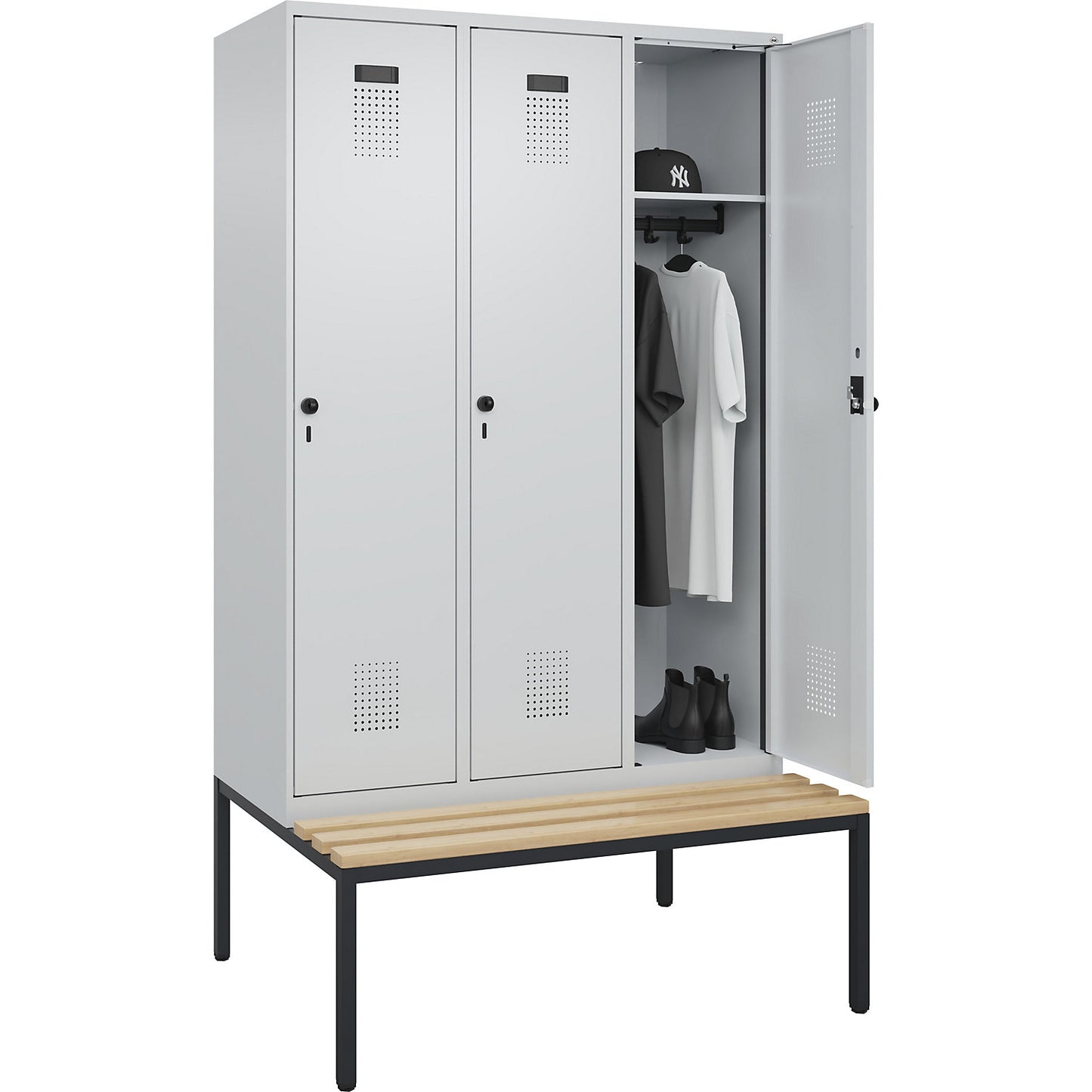 Evolo PLUS bench seat locker, 3 compartments, light grey / light grey, W 1200 mm, security rotary bolt, with bench fitted below, beech.