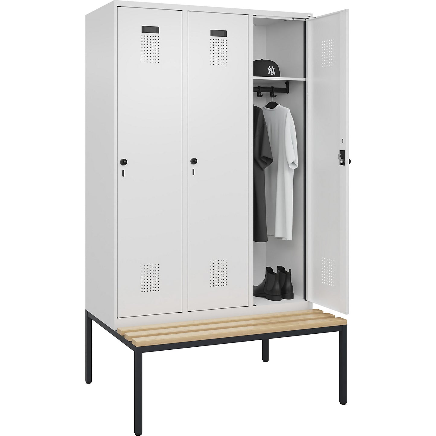 Evolo PLUS bench seat locker, 3 compartments, white, W 1200 mm, security rotary bolt, with bench fitted below, beech.