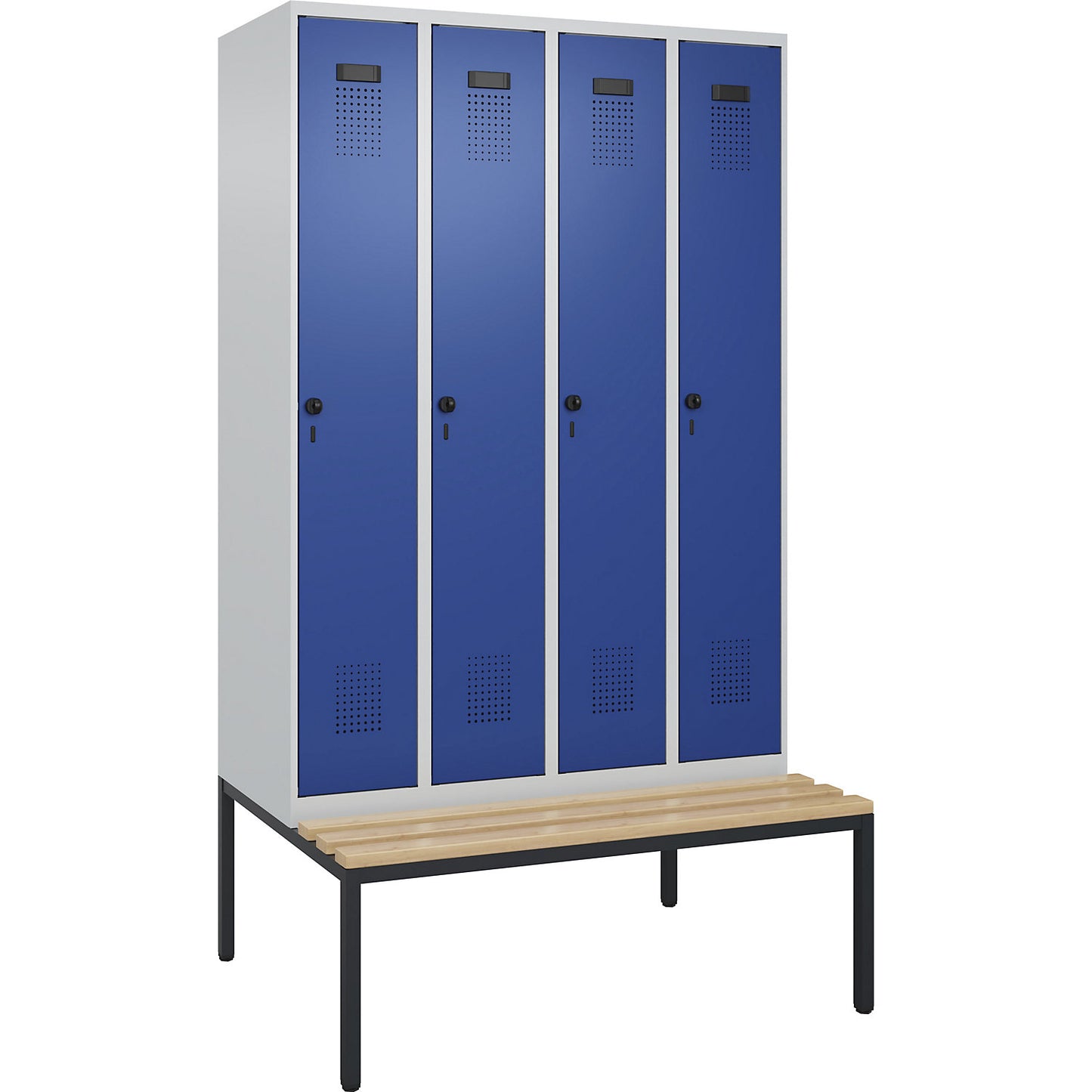 Evolo PLUS bench seat locker, 4 compartments, light grey / gentian blue, W 1200 mm, security rotary bolt, with bench fitted below, beech.